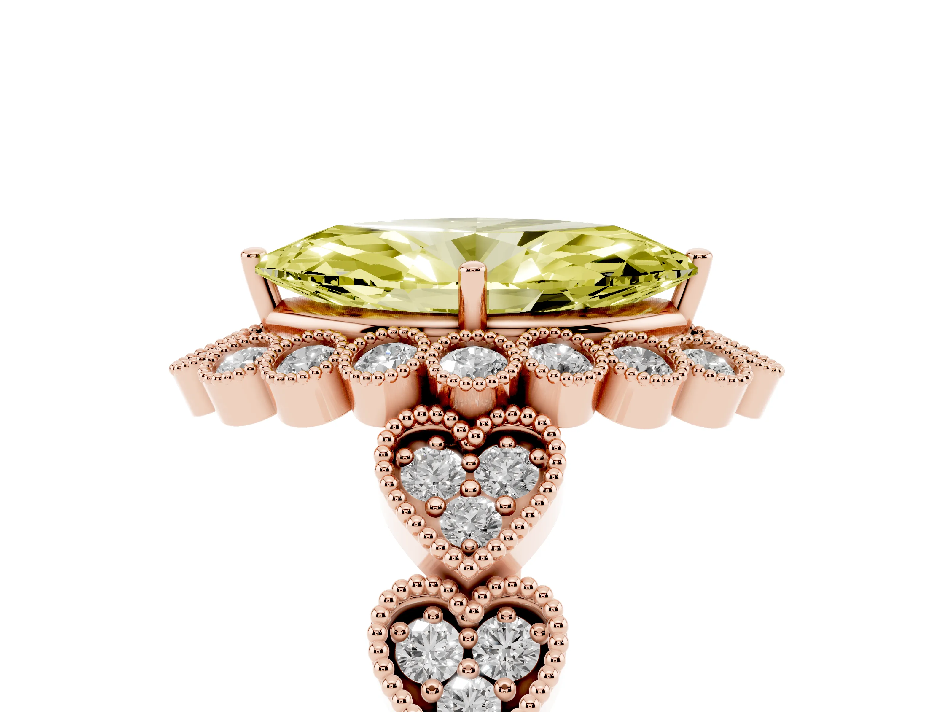 Fancy Yellow Marquise Cut Diamond Solitaire Ring Set in Rose gold with Milgrain Pavé Heart Band