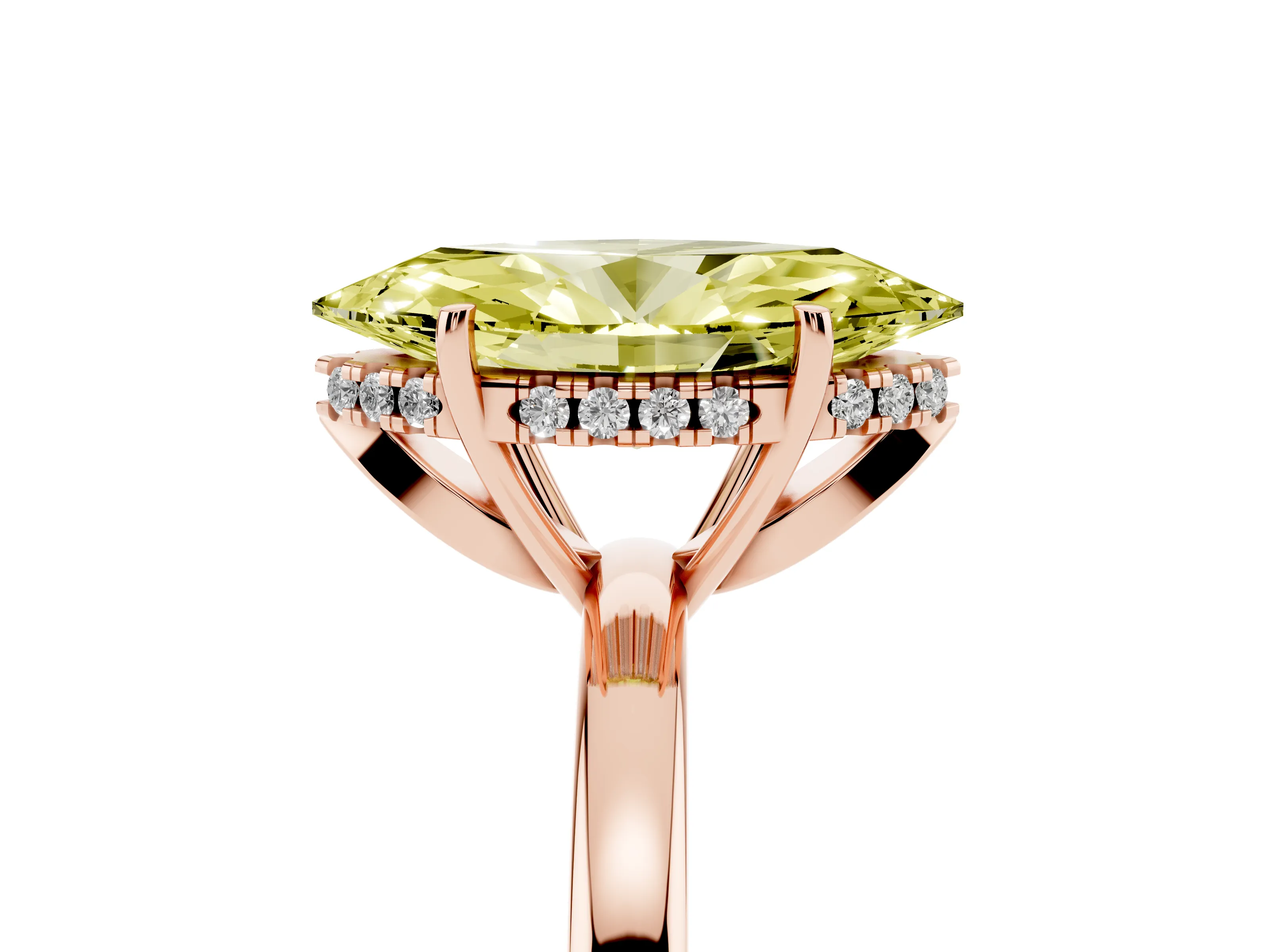Fancy Yellow Marquise Cut Diamond Solitaire Ring Set in Rose gold with Plain Band and Prong Setting