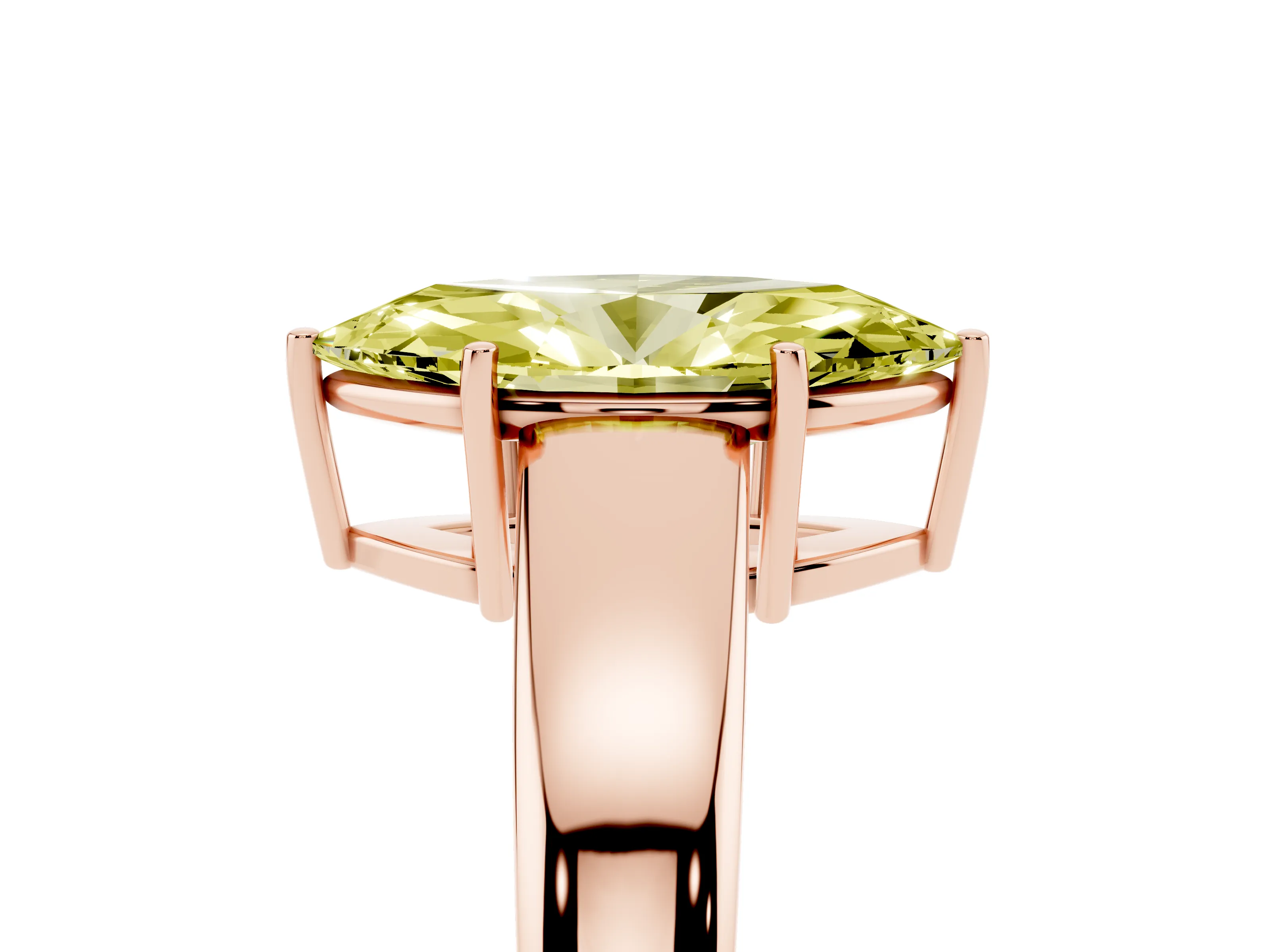 Fancy Yellow Marquise Cut Diamond Solitaire Ring Set in Rose gold with Tapered Band and Prong Setting