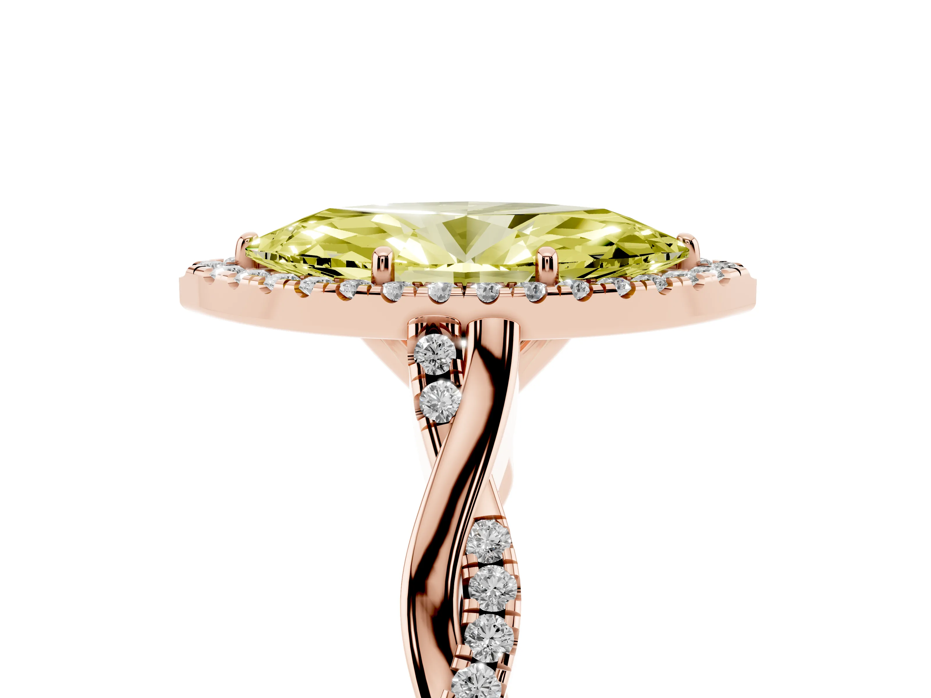 Fancy Yellow Marquise Cut Diamond Halo Twist Band Solitaire Ring Set in Rose gold with Prong Setting