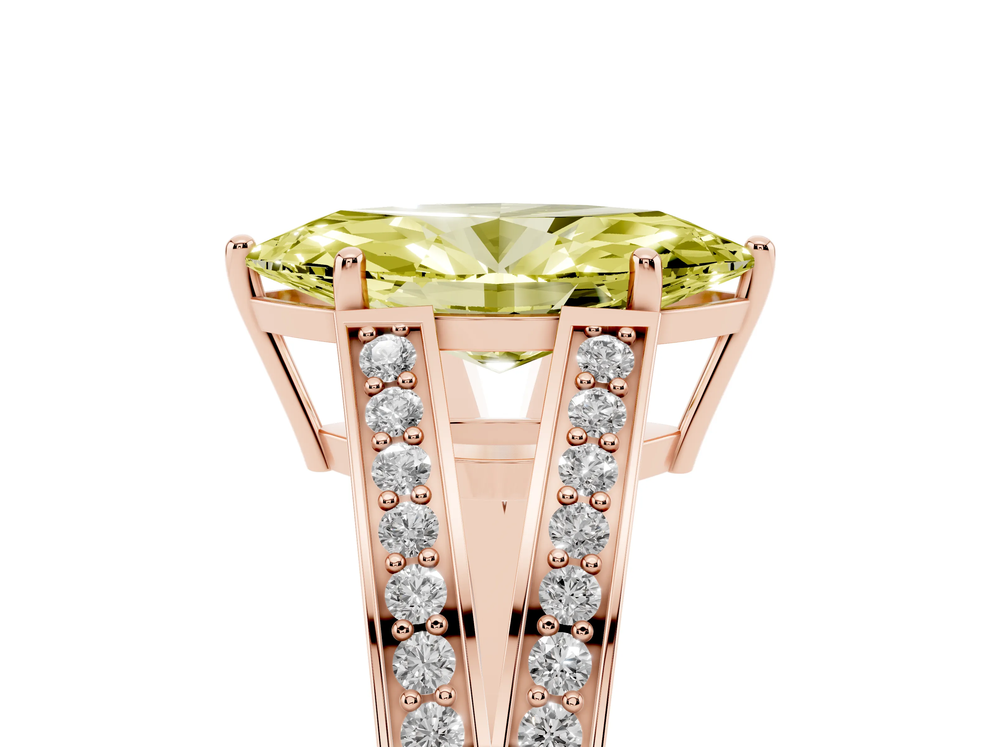 Fancy Yellow Marquise Cut Diamond Split Shank Ring Set in Rose gold with Pavé Band and Prong Setting