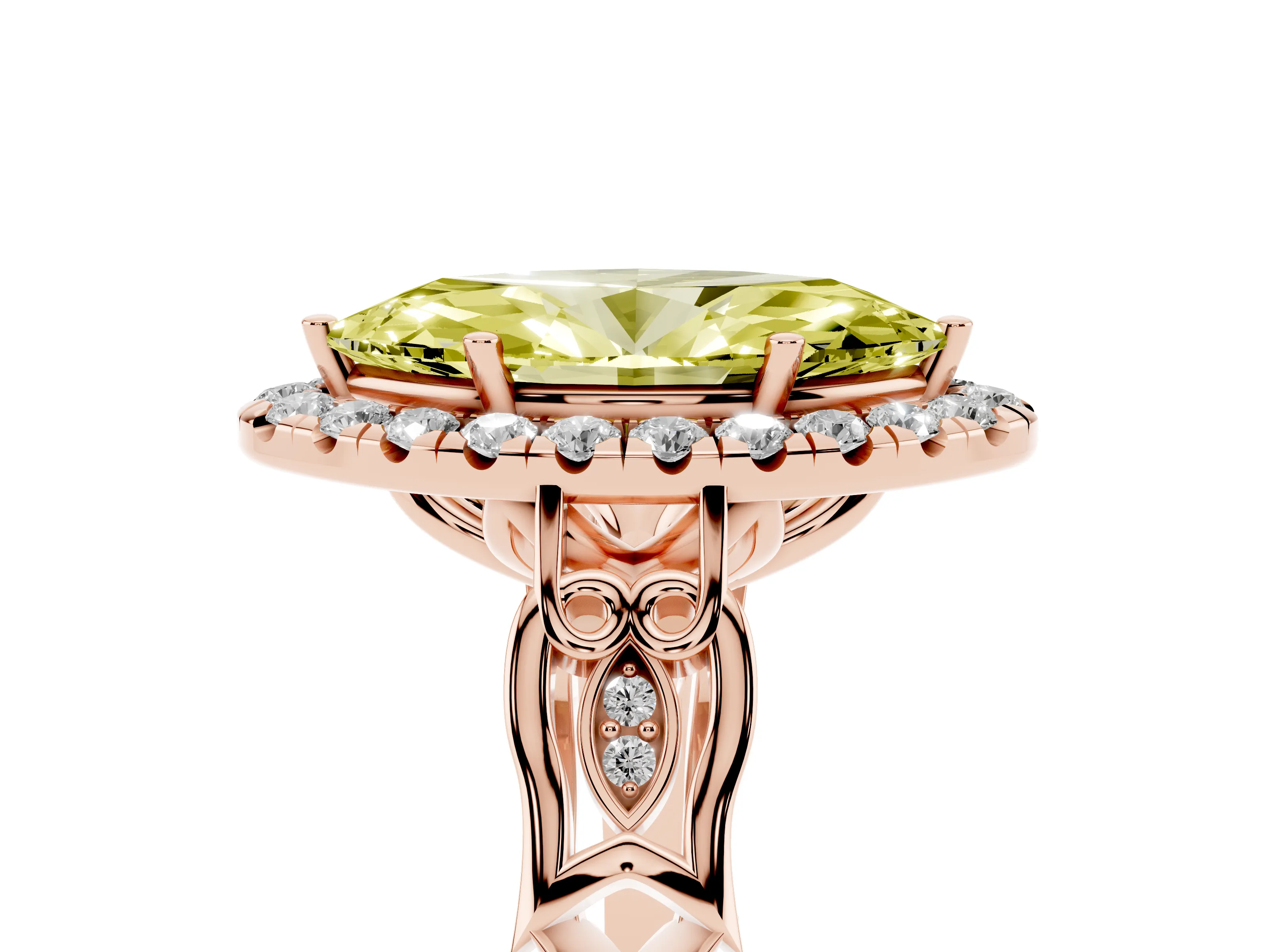 Fancy Yellow Marquise Cut Diamond Halo Engagement Ring Set in Rose gold with Filigree Band and Prong-Set Center