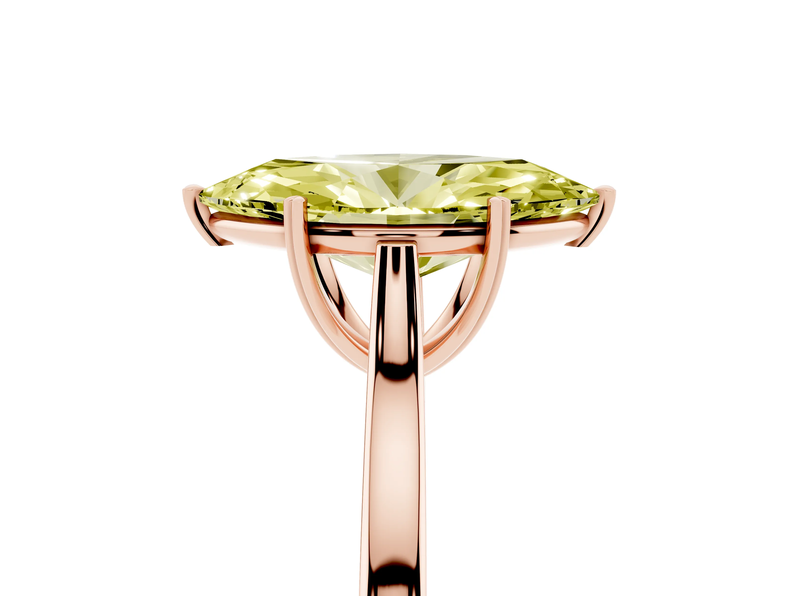 Fancy Yellow Marquise Cut Diamond Solitaire Heart Prong Engagement Ring Set in Rose gold with Tapered Band