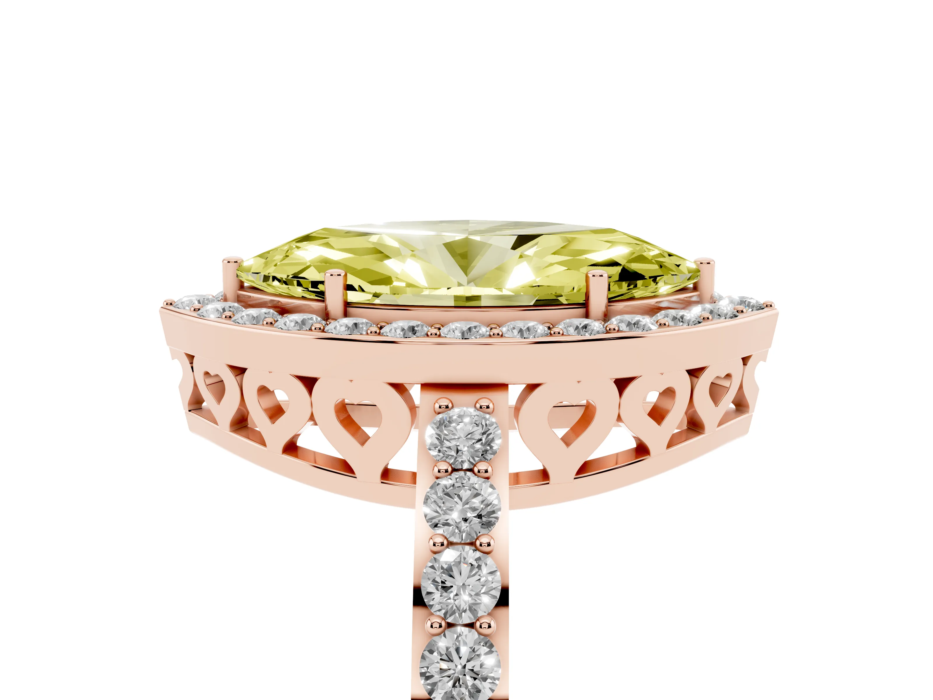 Fancy Yellow Marquise Cut Diamond Halo Ring Set in Rose gold with Pavé-Setting Band and Open Prong Center