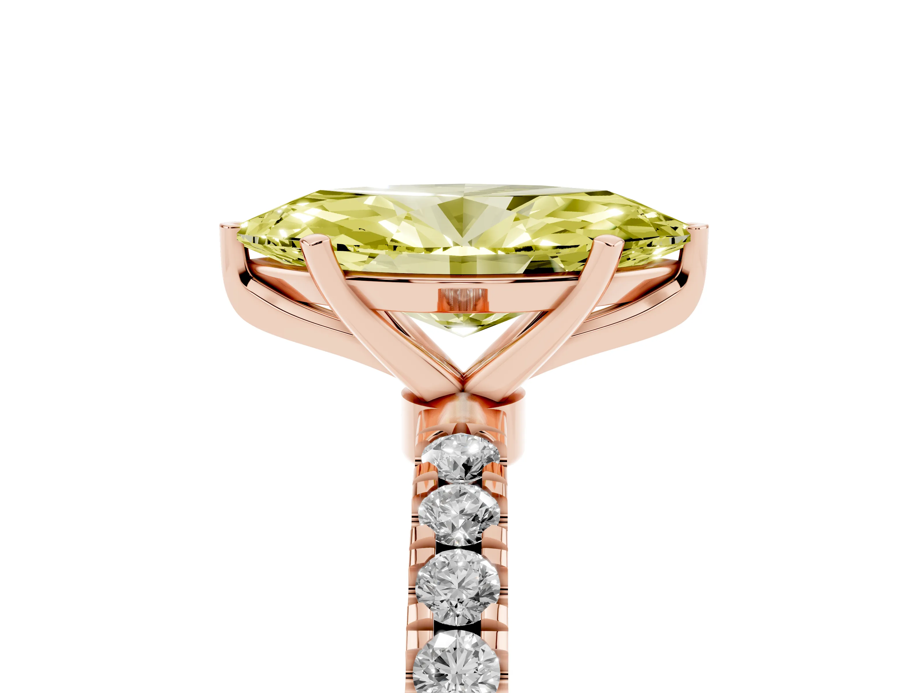 Fancy Yellow Marquise Cut Diamond Solitaire Ring Set in Rose gold with Pavé Accents and Prong Setting
