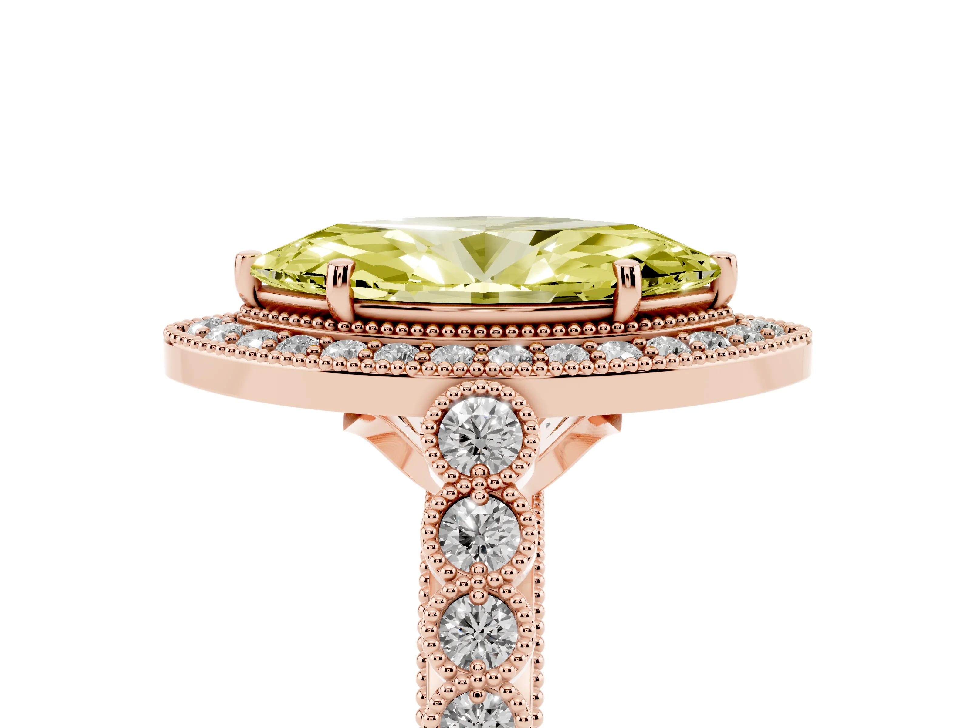 Fancy Yellow Marquise Cut Diamond Milgrain Halo Solitaire Ring Set in Rose gold with Bezel Set Side Stones and Pavé Band