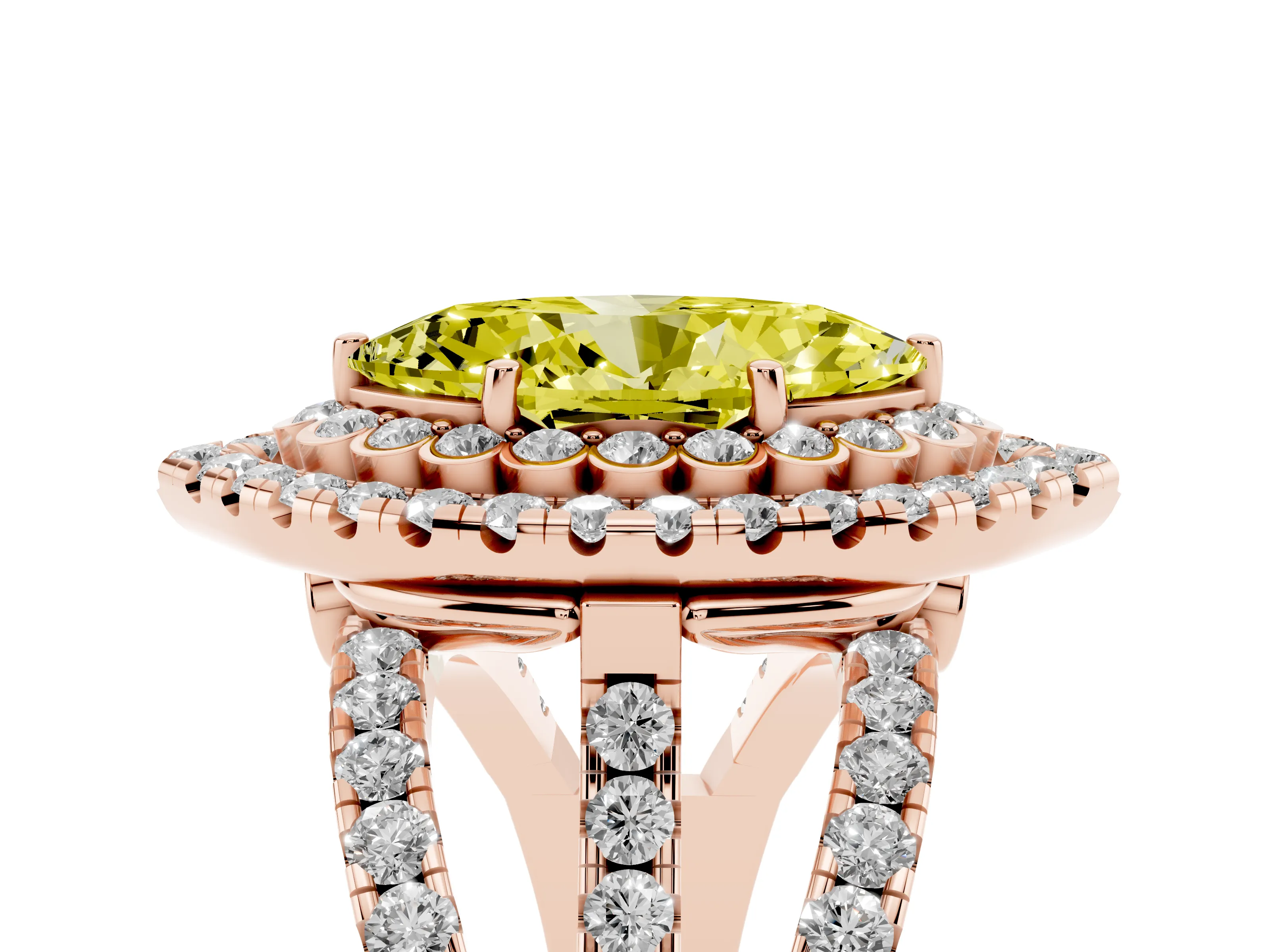 Fancy Yellow Marquise Cut Diamond Double Halo Ring Set in Rose gold with Round Pavé Split Shank