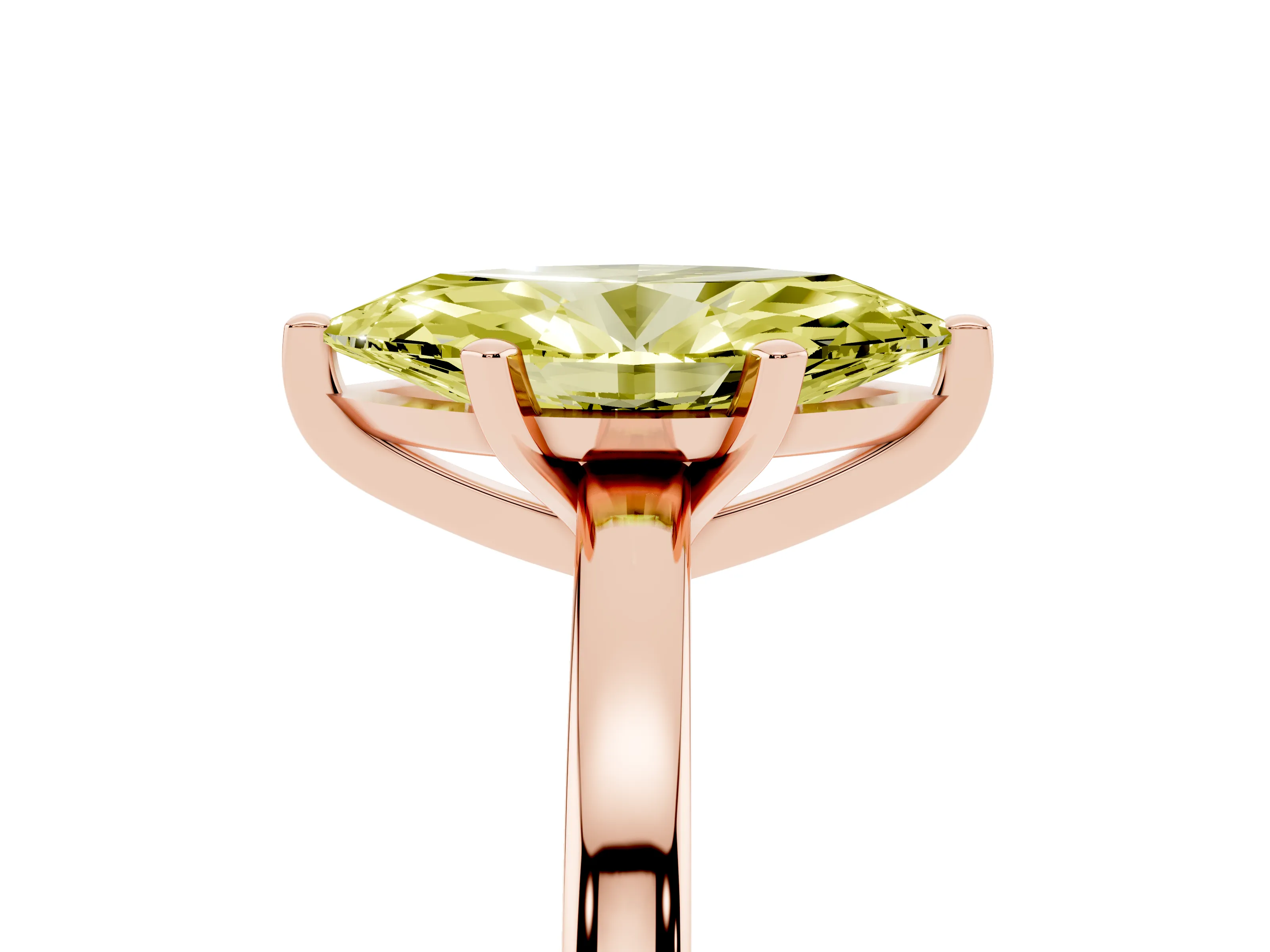 Fancy Yellow Marquise Cut Diamond Solitaire Engagement Ring Set in Rose gold with Prong Setting on a Classic Band