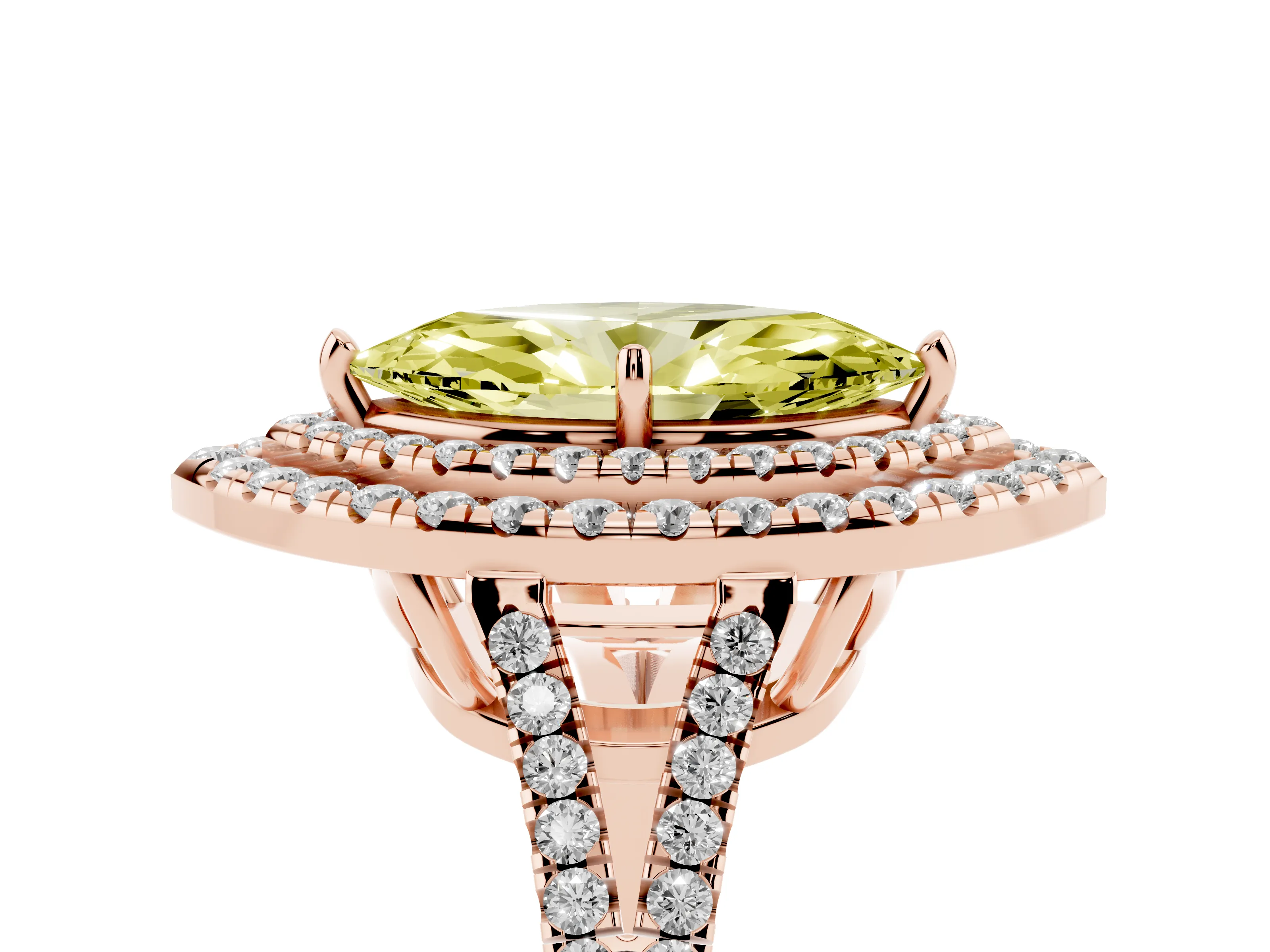 Fancy Yellow Marquise Cut Diamond Double Halo Ring Set in Rose gold with Pavé Band