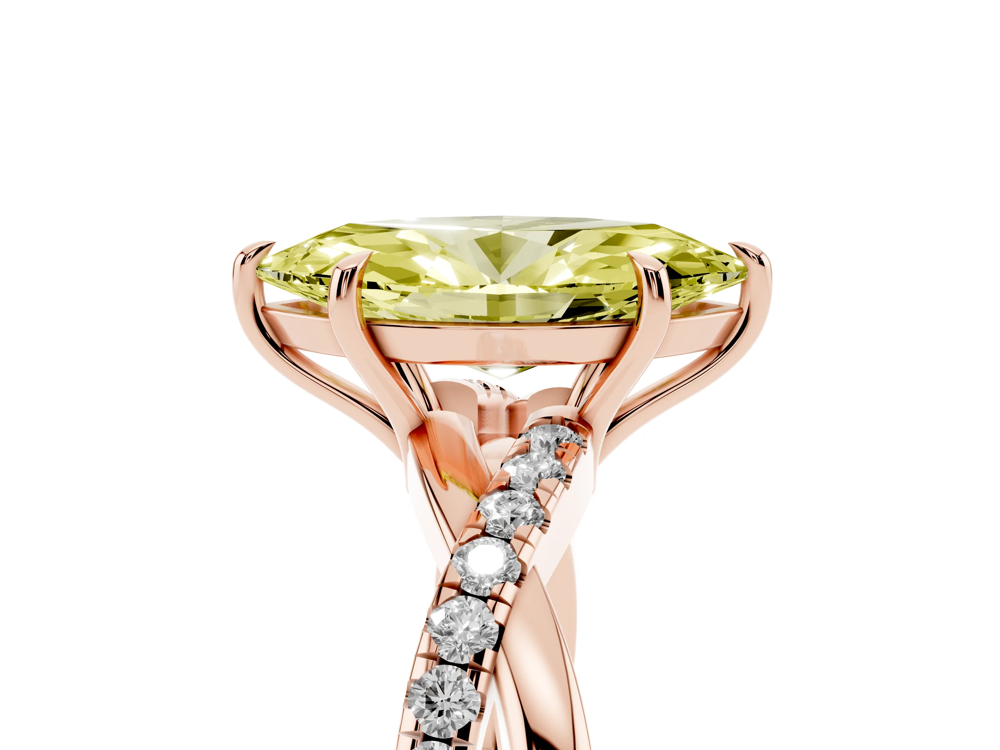 Fancy Yellow Marquise Cut Diamond Twisted Pavé Band Ring Set in Rose gold with Prong Setting