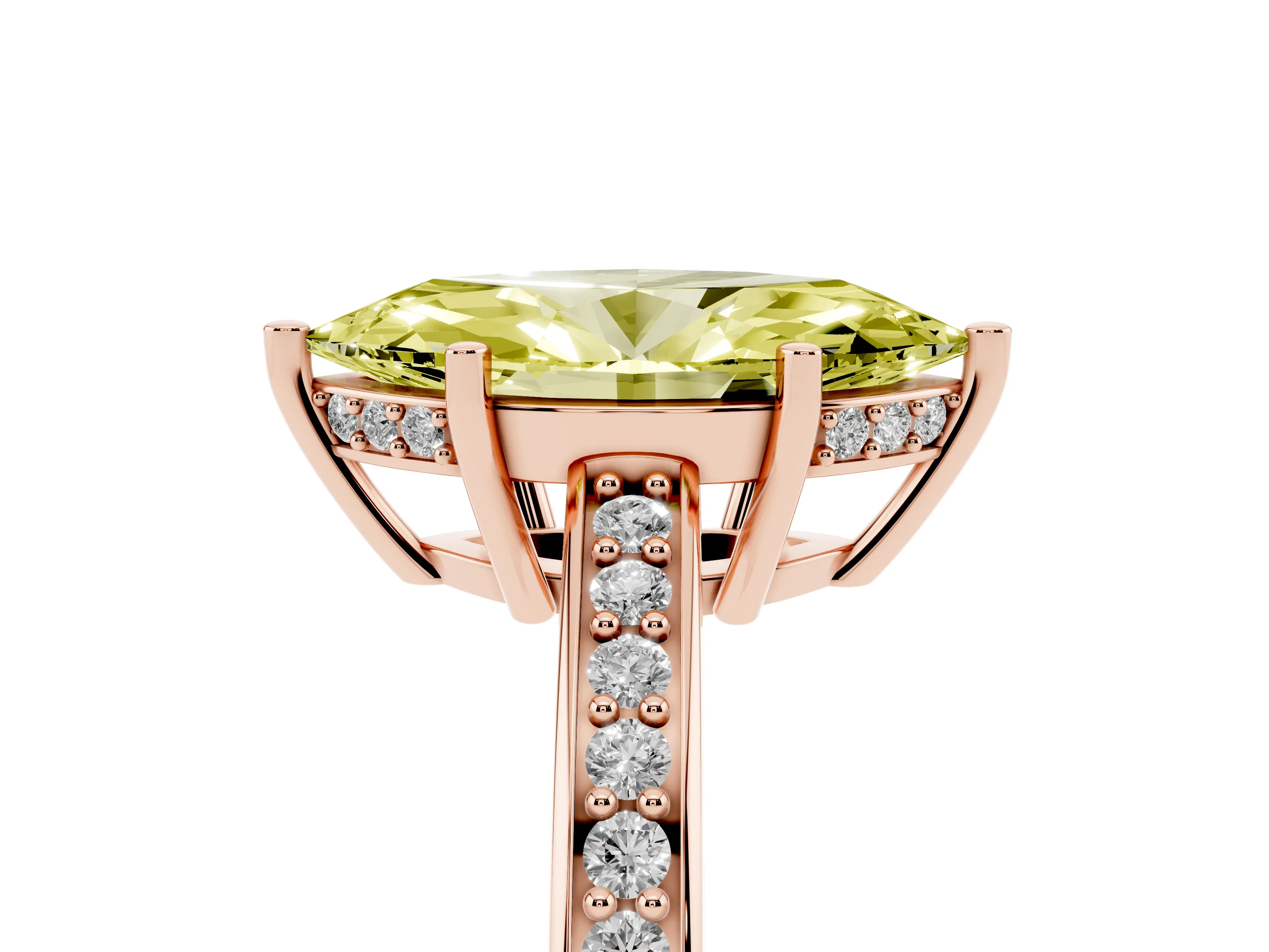 Fancy Yellow Marquise Cut Diamond Pavé Band Prong Set Solitaire Ring Set in Rose gold