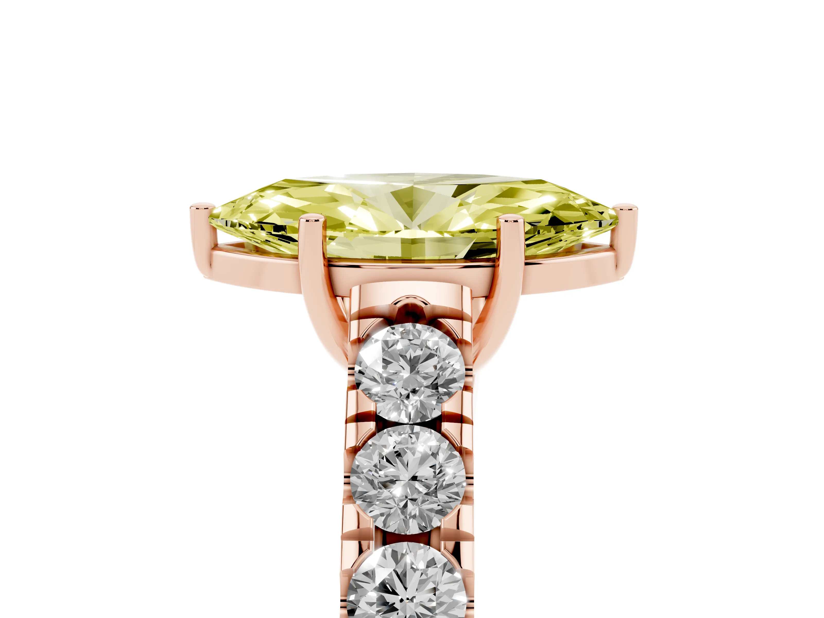 Fancy Yellow Marquise Cut Diamond Solitaire Ring Set in Rose gold with Cut-Down Micro Pavé Band and Prong Setting
