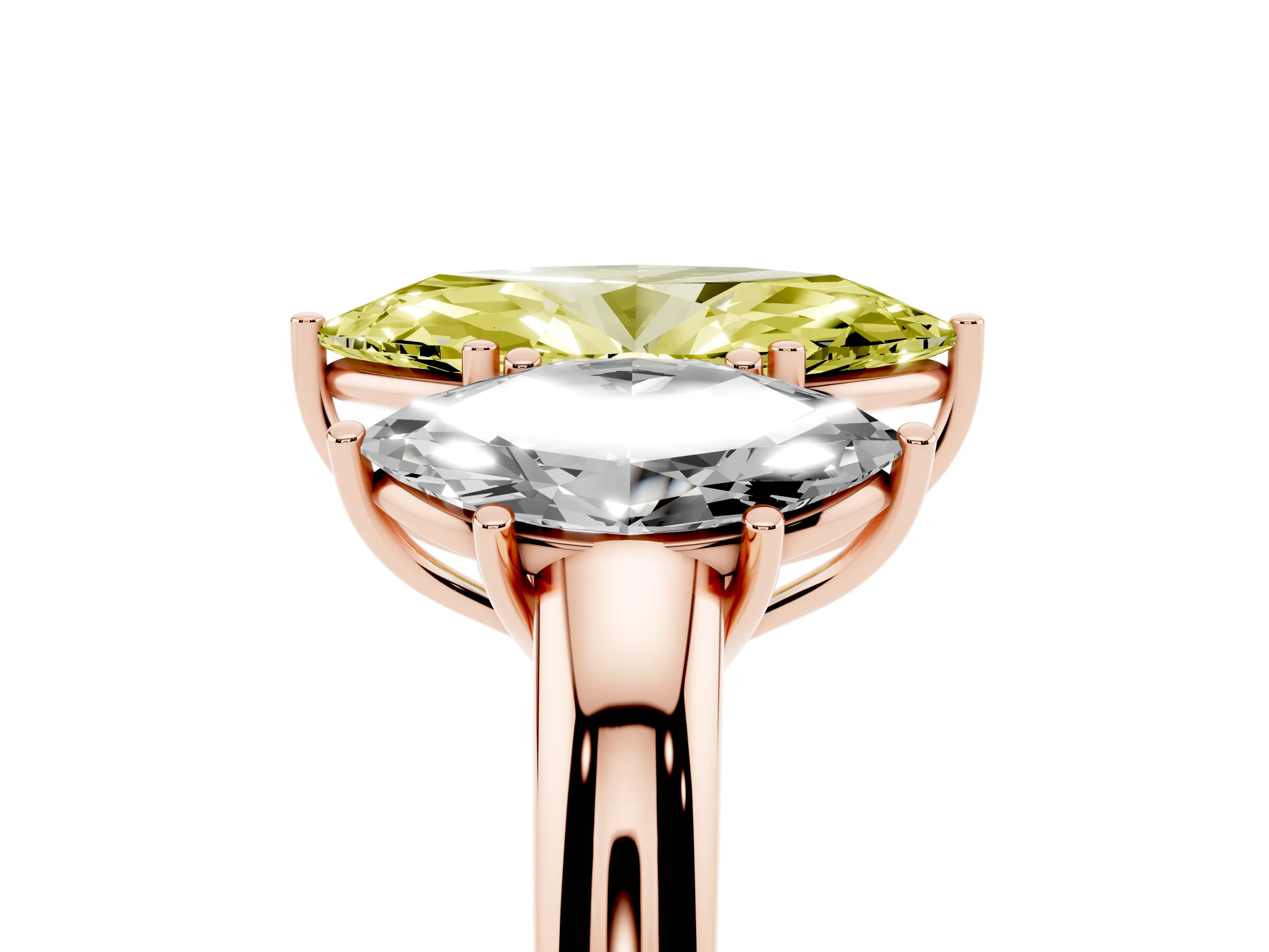 Fancy Yellow Marquise Cut Diamond Three-Stone Ring Set in Rose gold with Bold Center and Classic Band