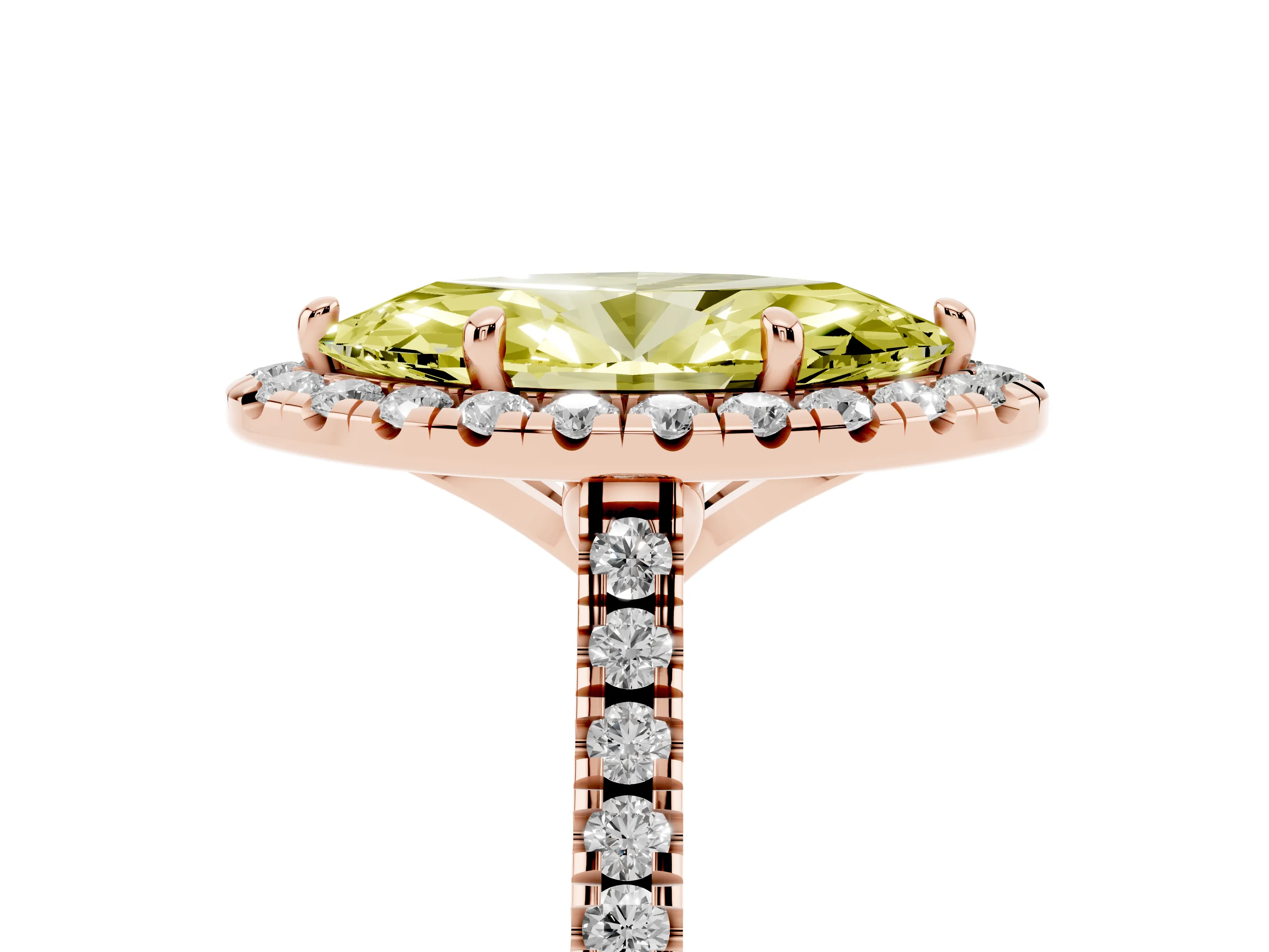 Fancy Yellow Marquise Cut Diamond Cushion Halo Ring Set in Rose gold with Pavé Band