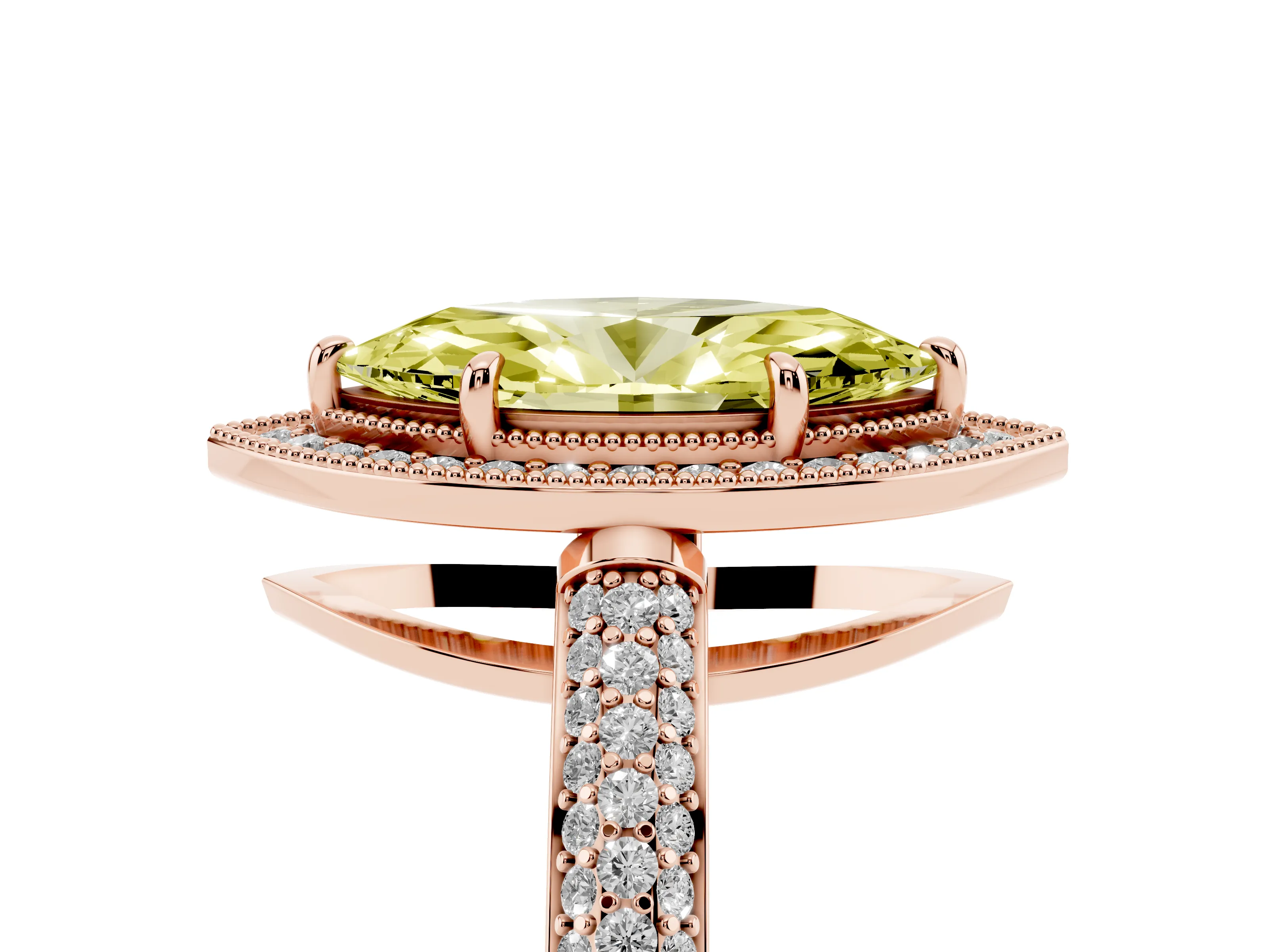 Fancy Yellow Marquise Cut Diamond Halo Pavé Band Set in Rose gold with Prong Setting