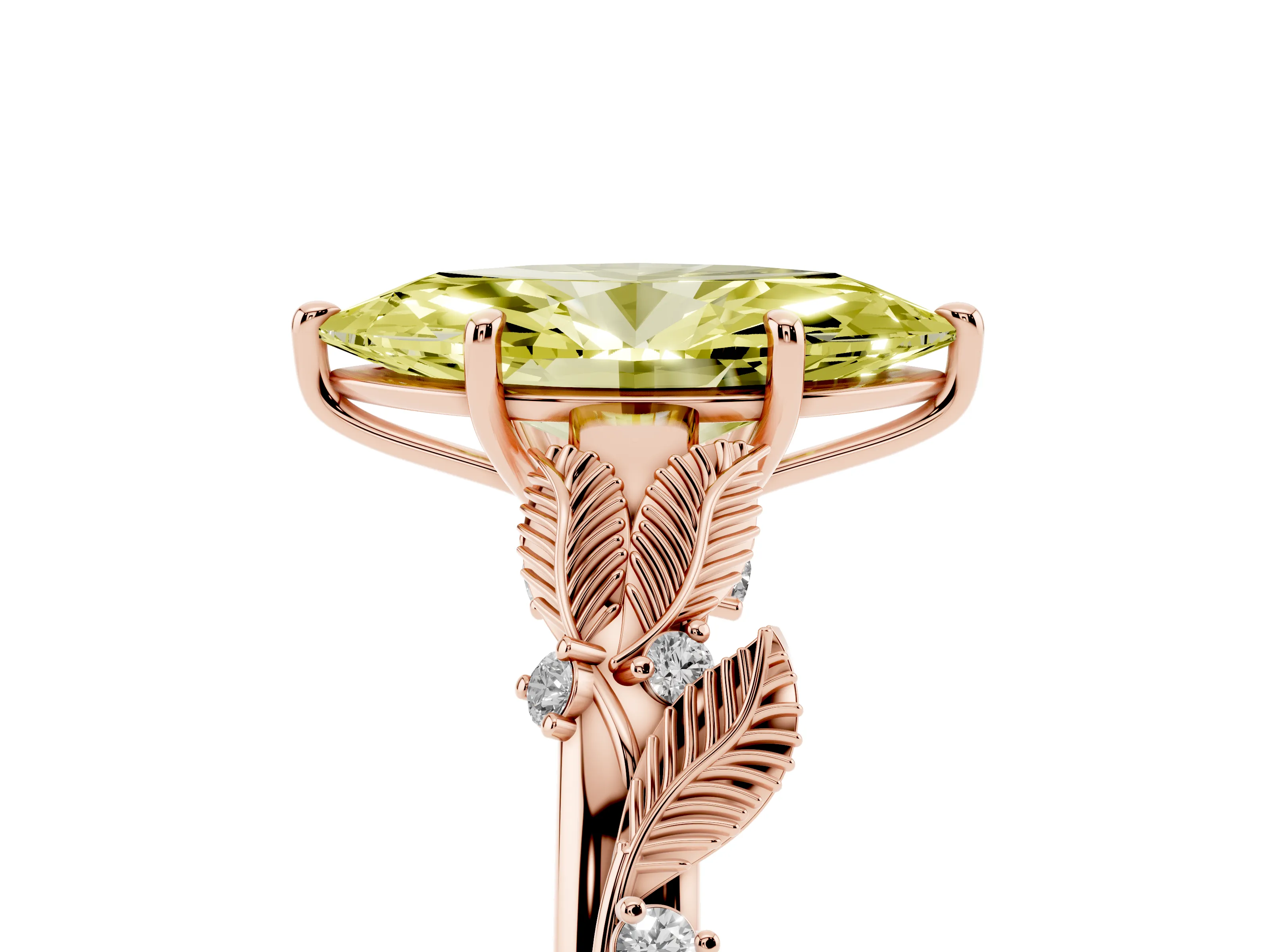 Fancy Yellow Marquise Cut Diamond Solitaire Ring Set in Rose gold with Leaf Motif Band