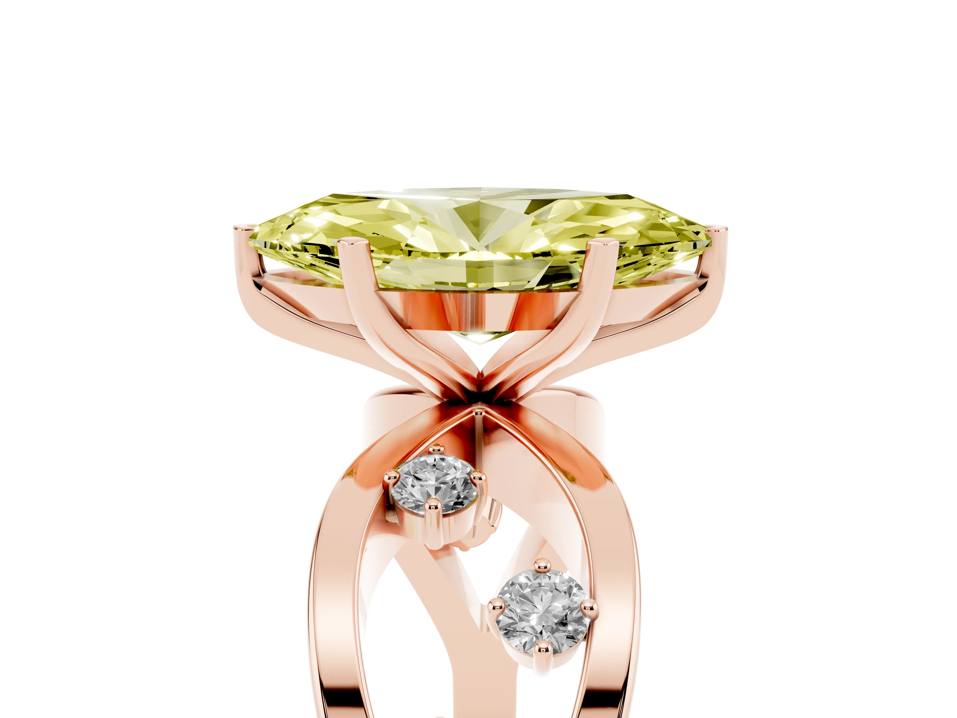 Fancy Yellow Marquise Cut Diamond Solitaire Ring Set in Rose gold with Side Stones on Criss-Cross Band and Prong Setting