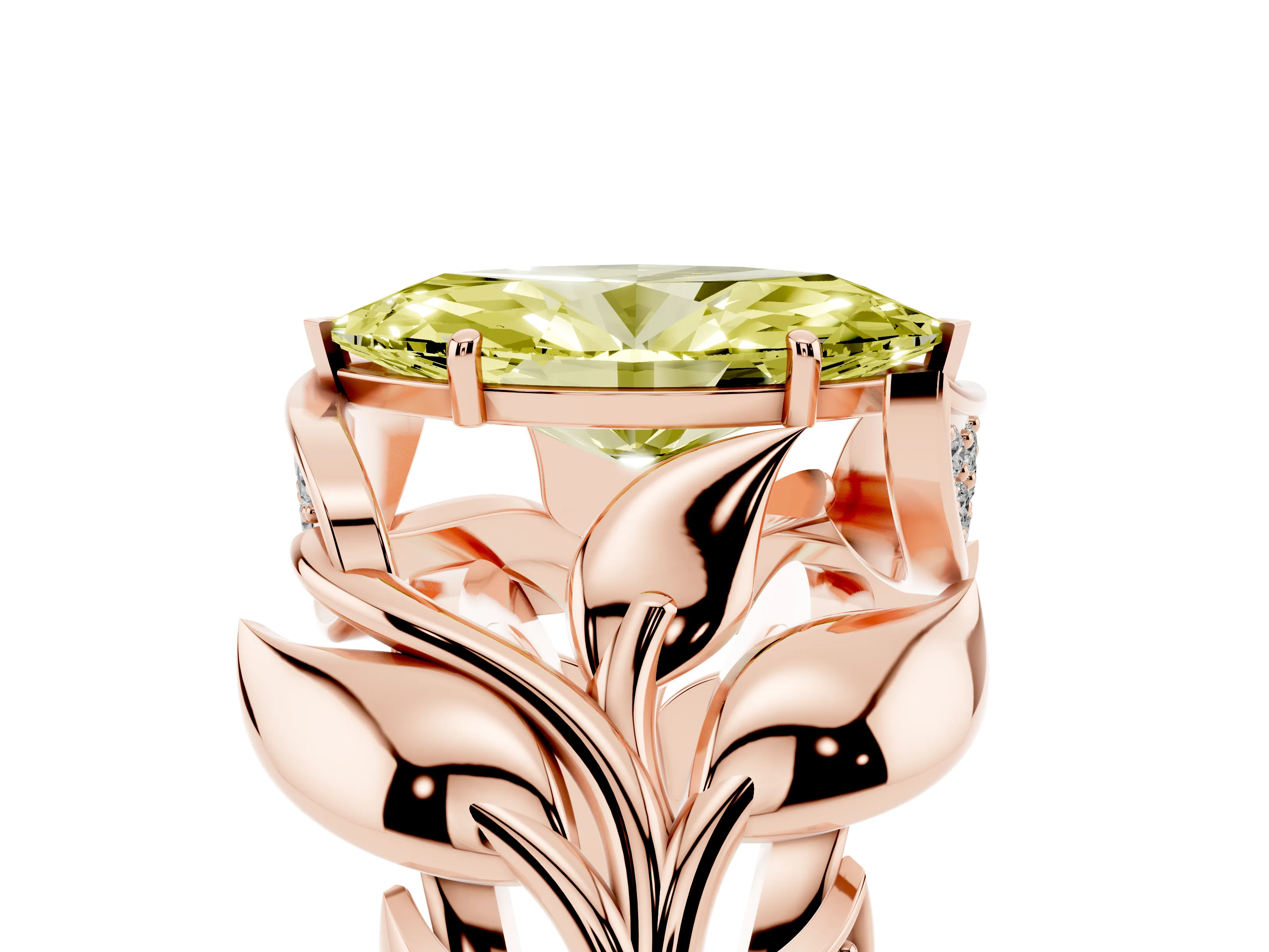 Fancy Yellow Marquise Cut Diamond Leaf-Inspired Engagement Ring Set in Rose gold with Round Accents