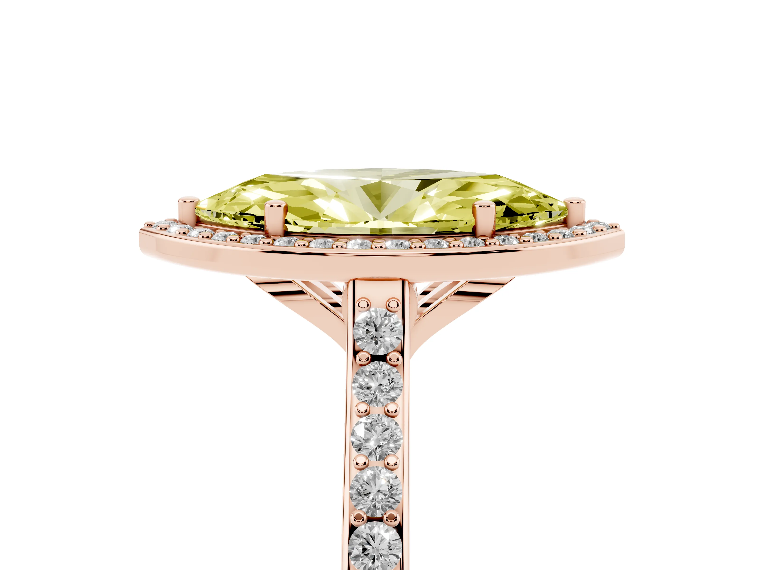 Fancy Yellow Marquise Cut Diamond Halo Engagement Ring Set in Rose gold with Round Pavé Shoulders and Heart Gallery