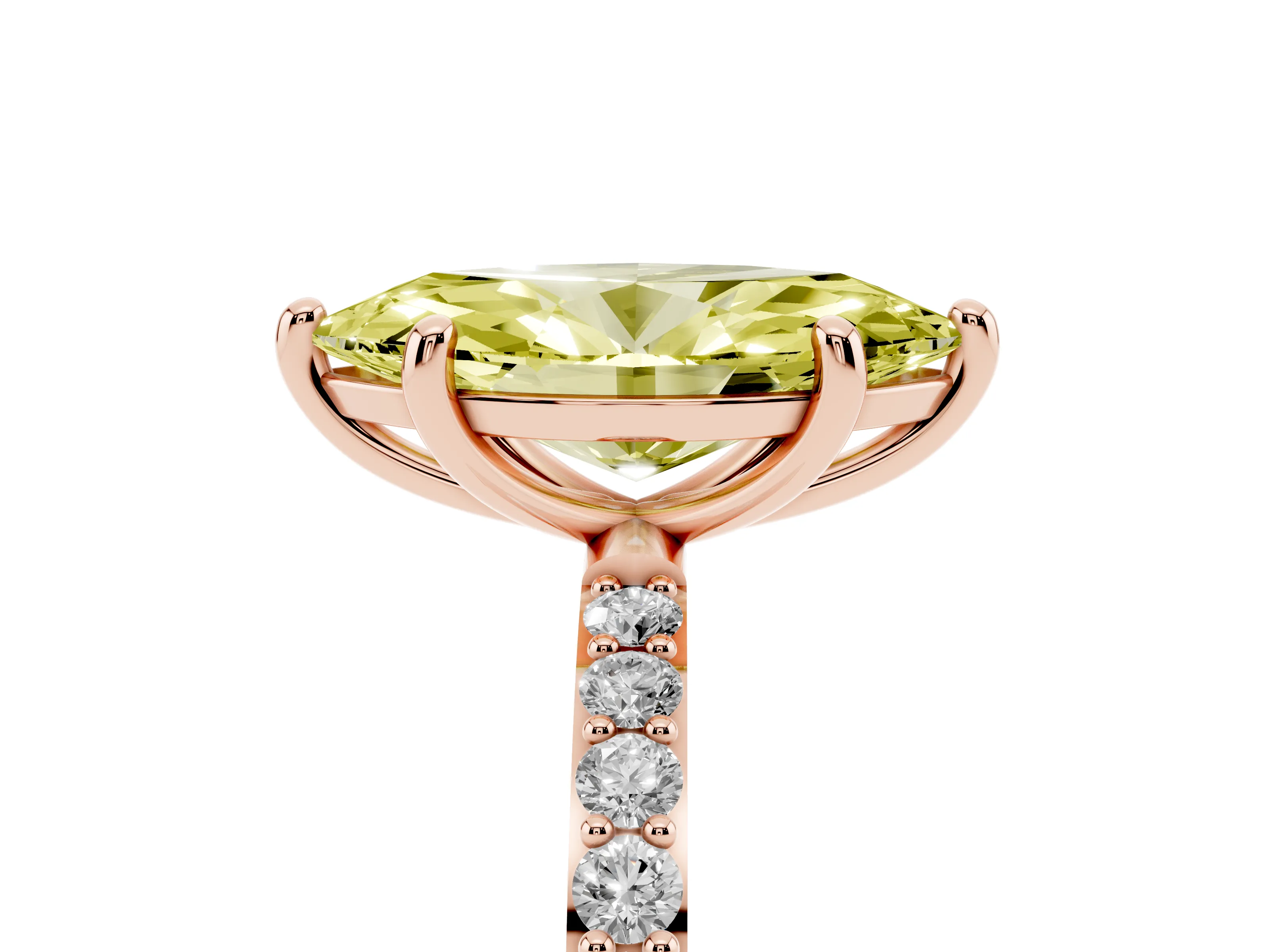 Fancy Yellow Marquise Cut Diamond Solitaire Ring Set in Rose gold with Round Pavé Band and Prong Setting
