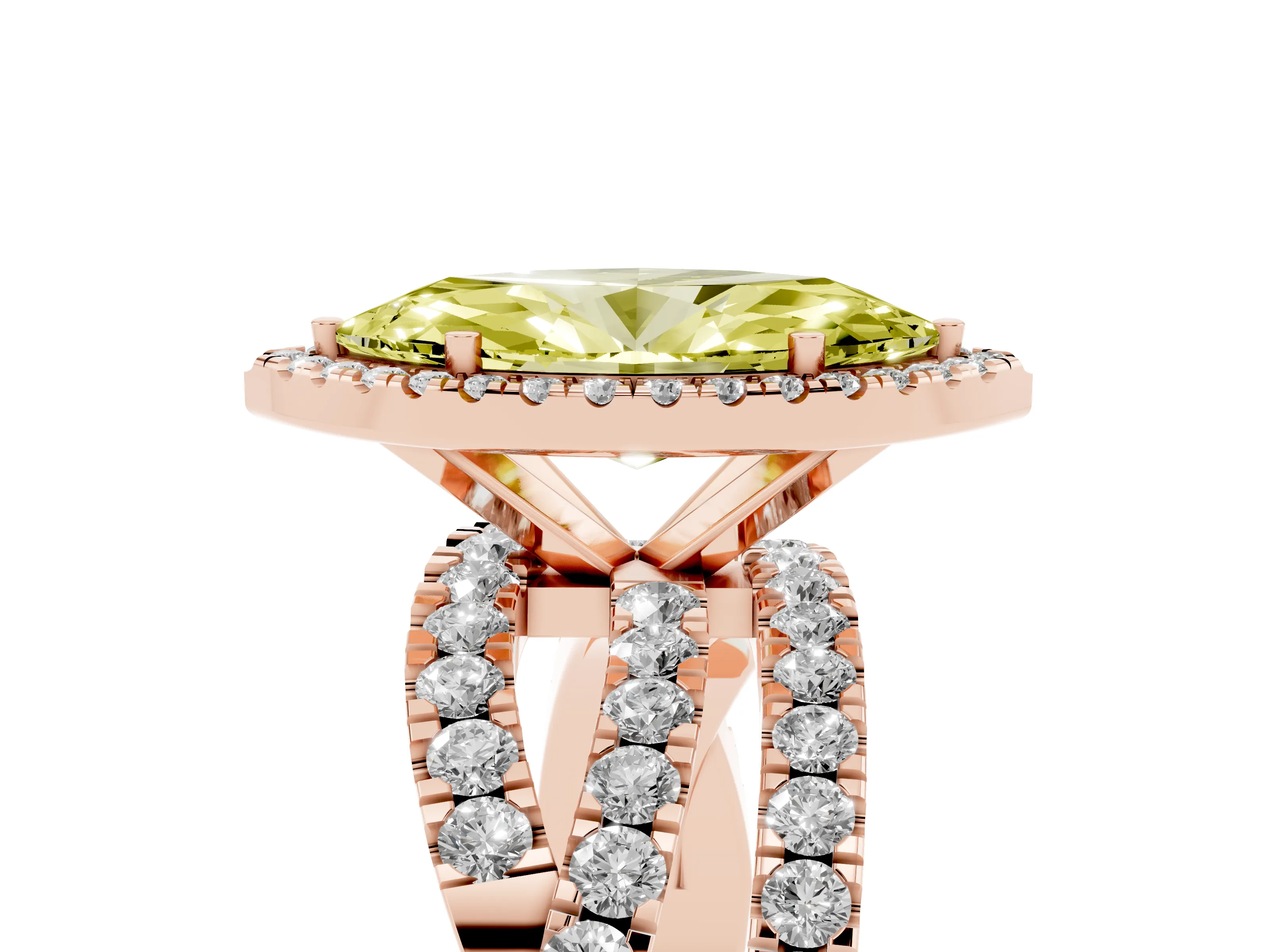 Fancy Yellow Marquise Cut Diamond Halo Ring Set in Rose gold with Round Crossover Split Shank and Prong Setting