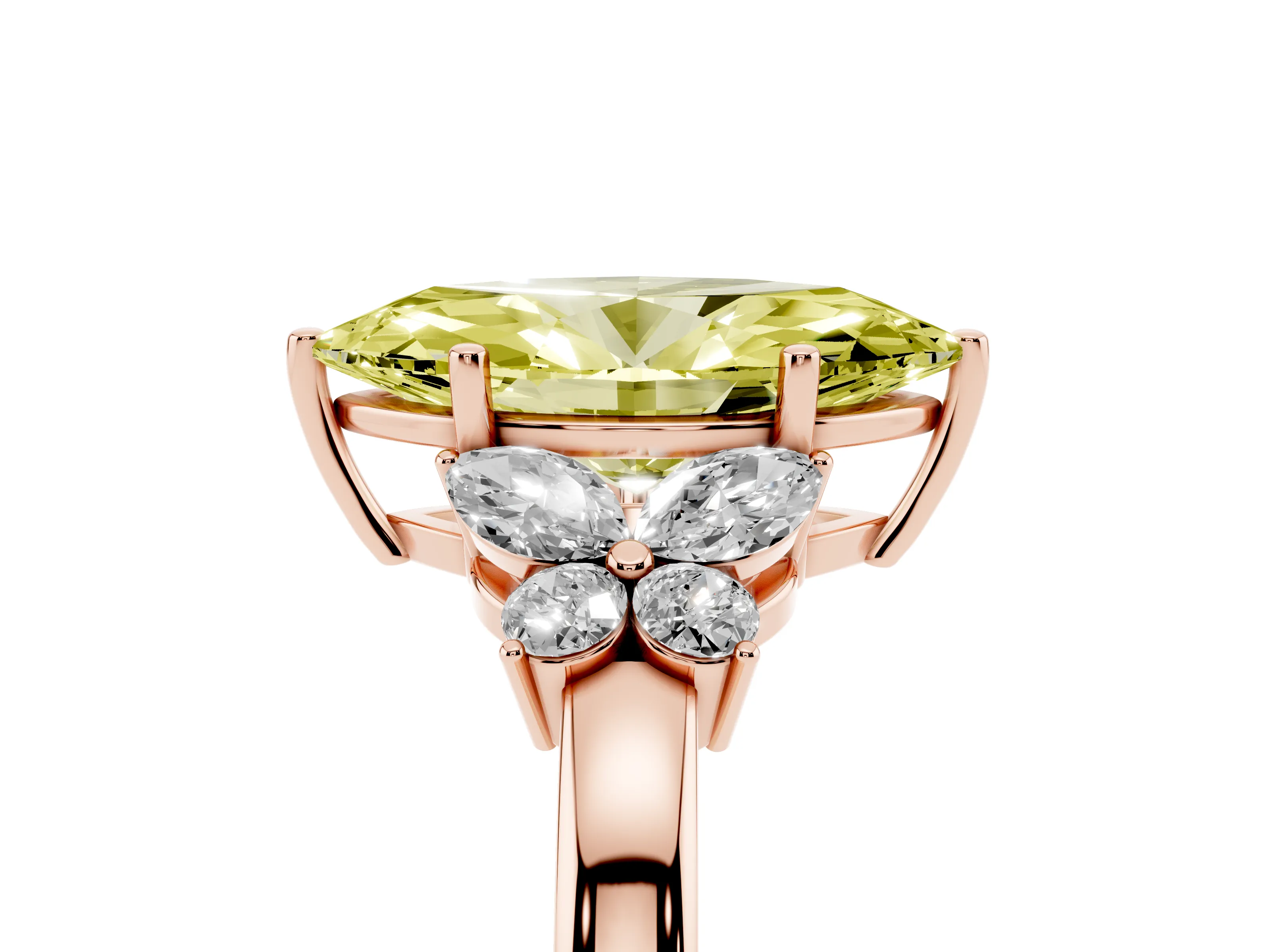 Fancy Yellow Marquise Cut Diamond Solitaire Floral Ring Set in Rose gold with Marquise Petals and Prong Setting