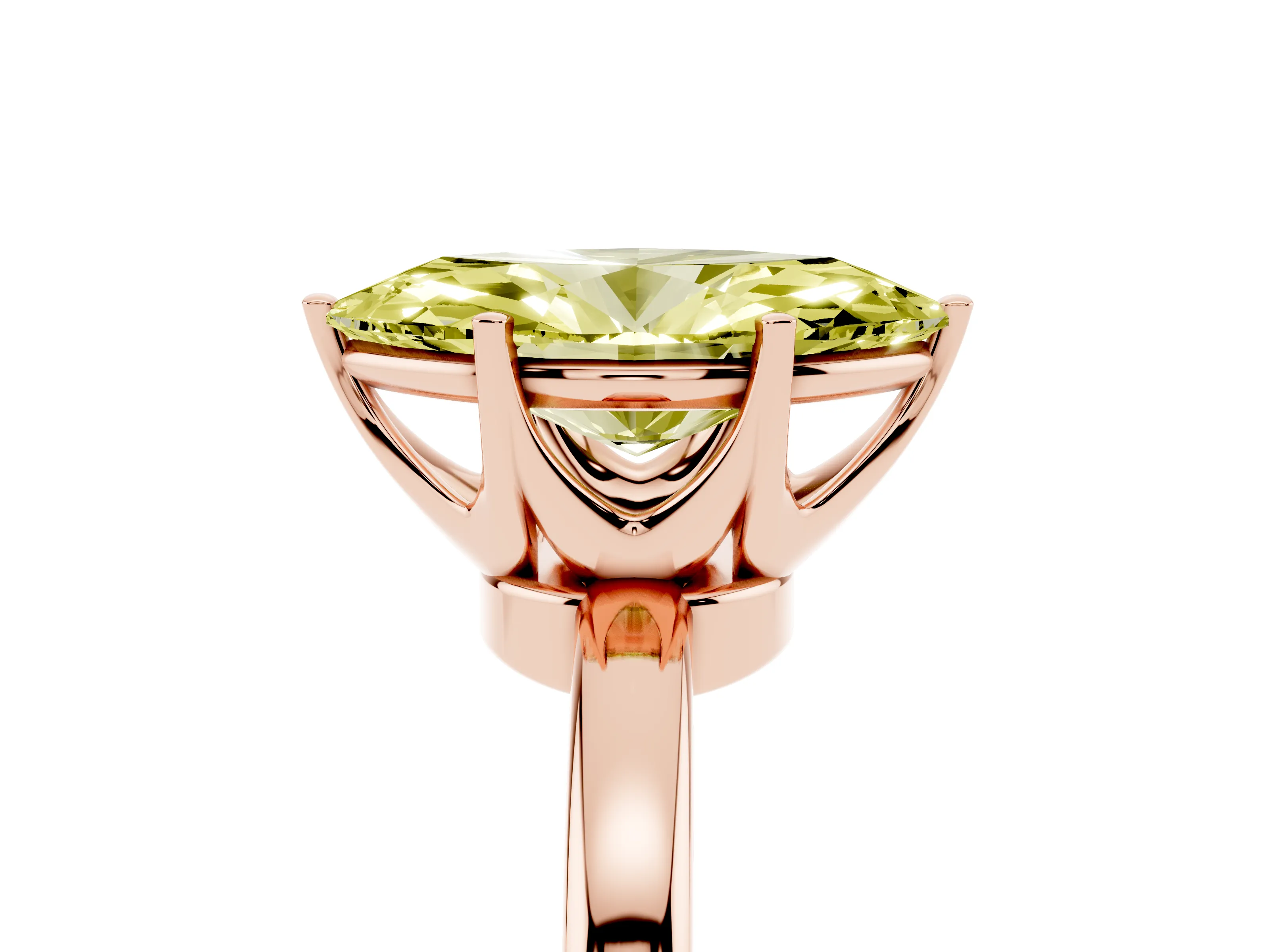 Fancy Yellow Marquise Cut Diamond Solitaire Ring Set in Rose gold with Raised Prong Setting on a Classic Band