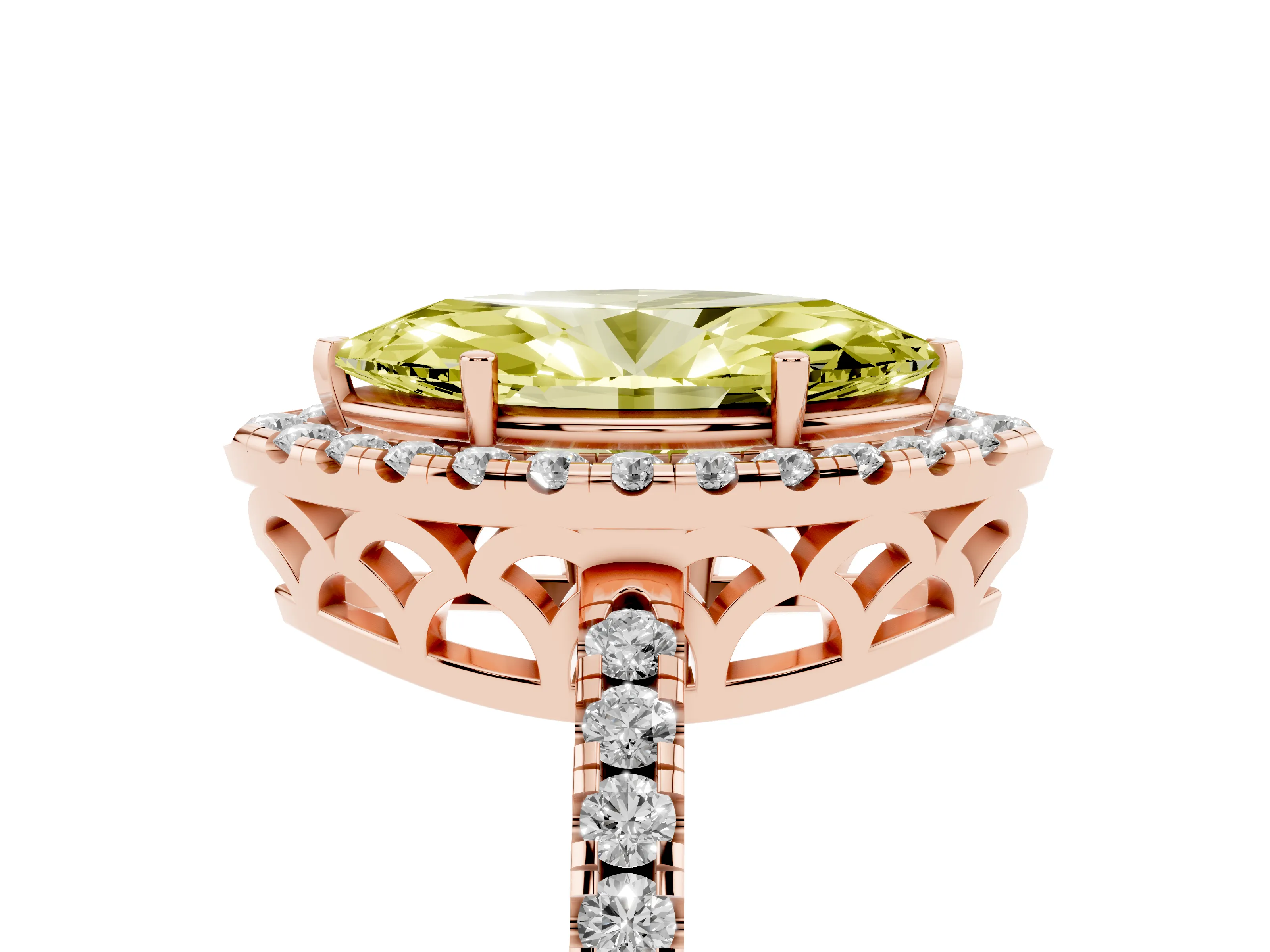 Fancy Yellow Marquise Cut Diamond Pavé Band Halo Engagement Ring Set in Rose gold with Prong Setting