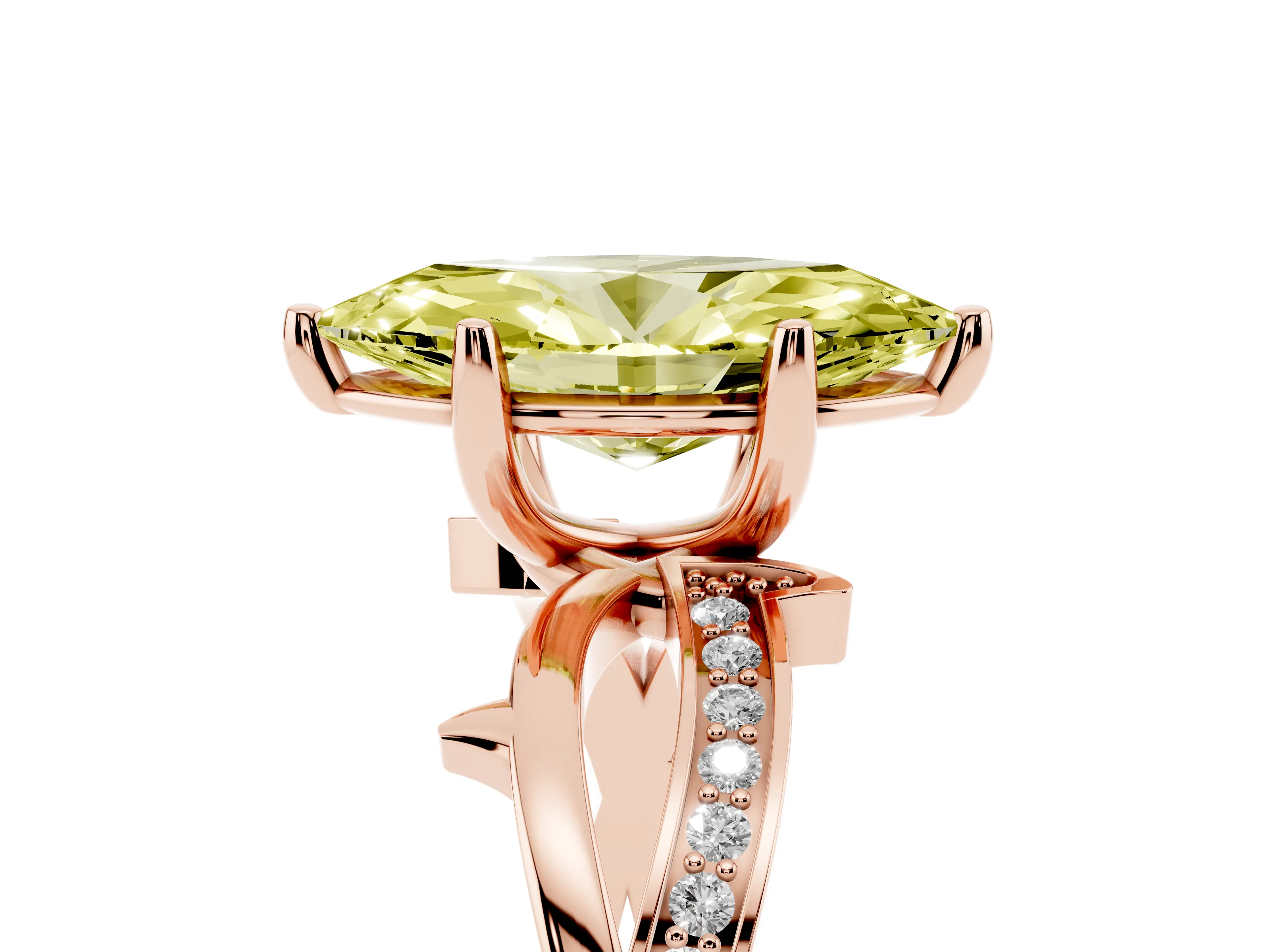 Fancy Yellow Marquise Cut Diamond Pavé Twist Band Solitaire Ring Set in Rose gold with Prong Setting
