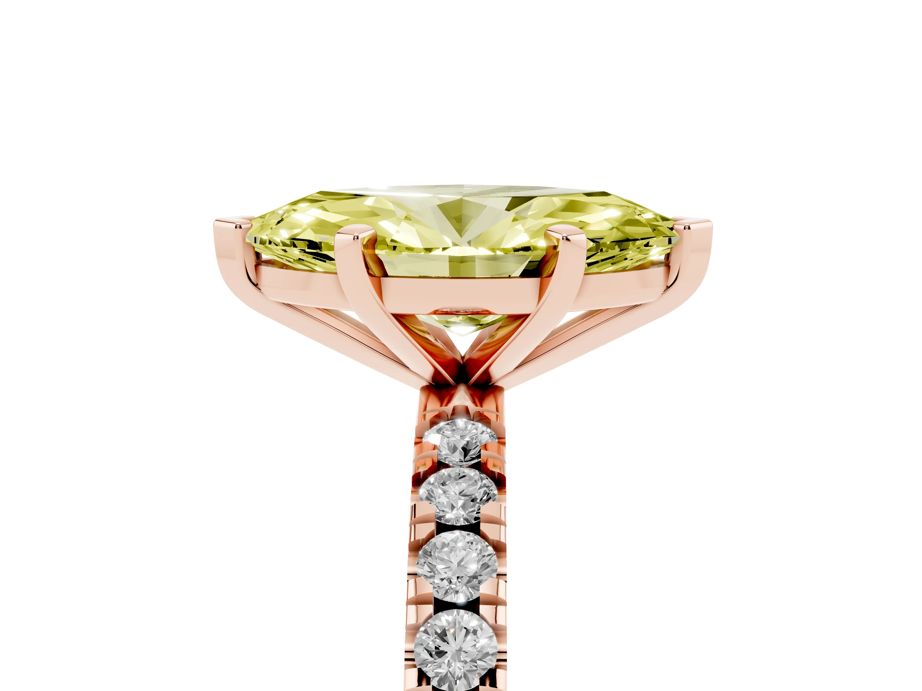 Fancy Yellow Marquise Cut Diamond Pavé Band Solitaire Set in Rose gold with Prong Setting