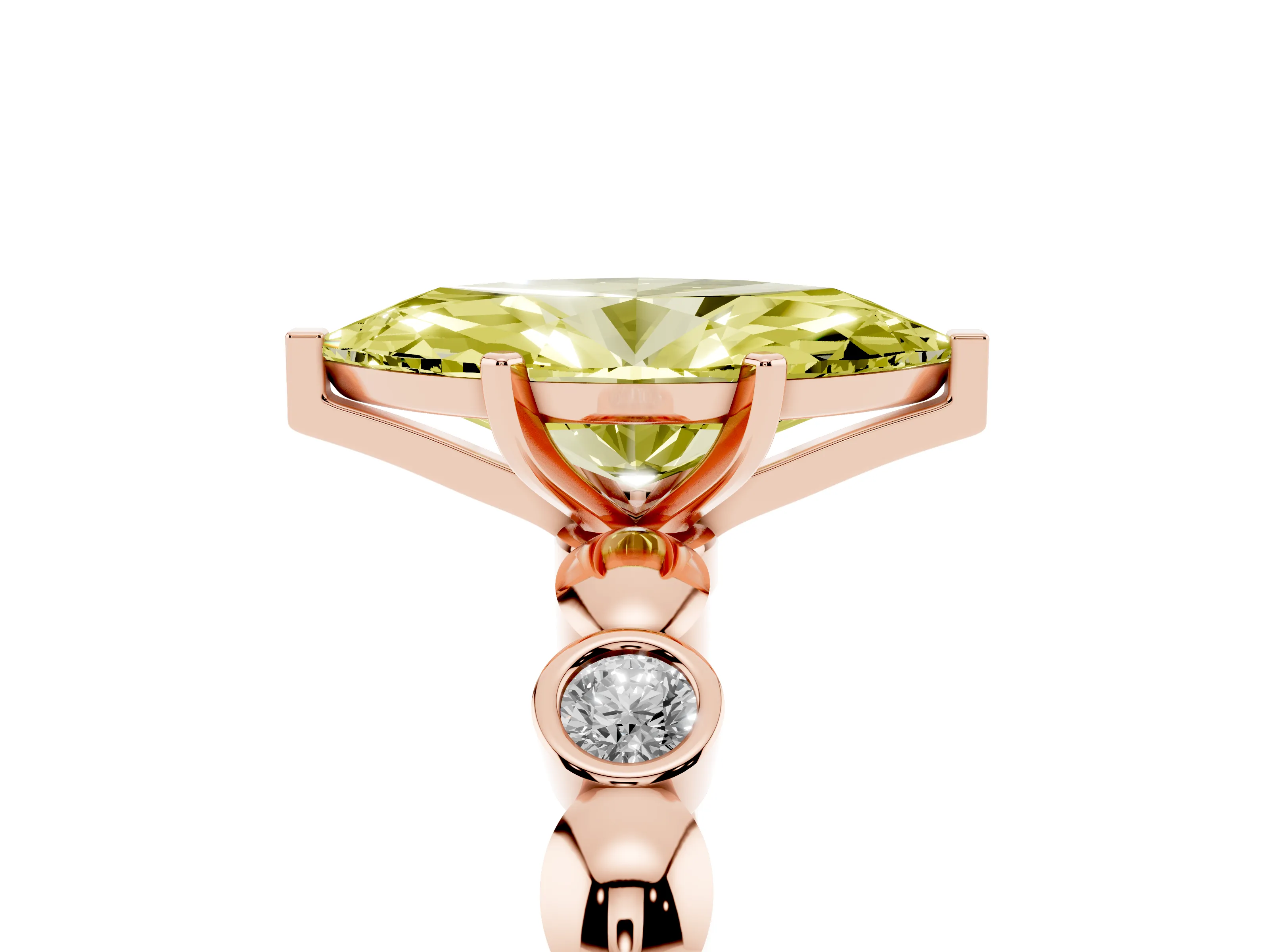 Fancy Yellow Marquise Cut Diamond Solitaire Ring Set in Rose gold with Bezel-Set Accents on Beaded Band and Prong Setting