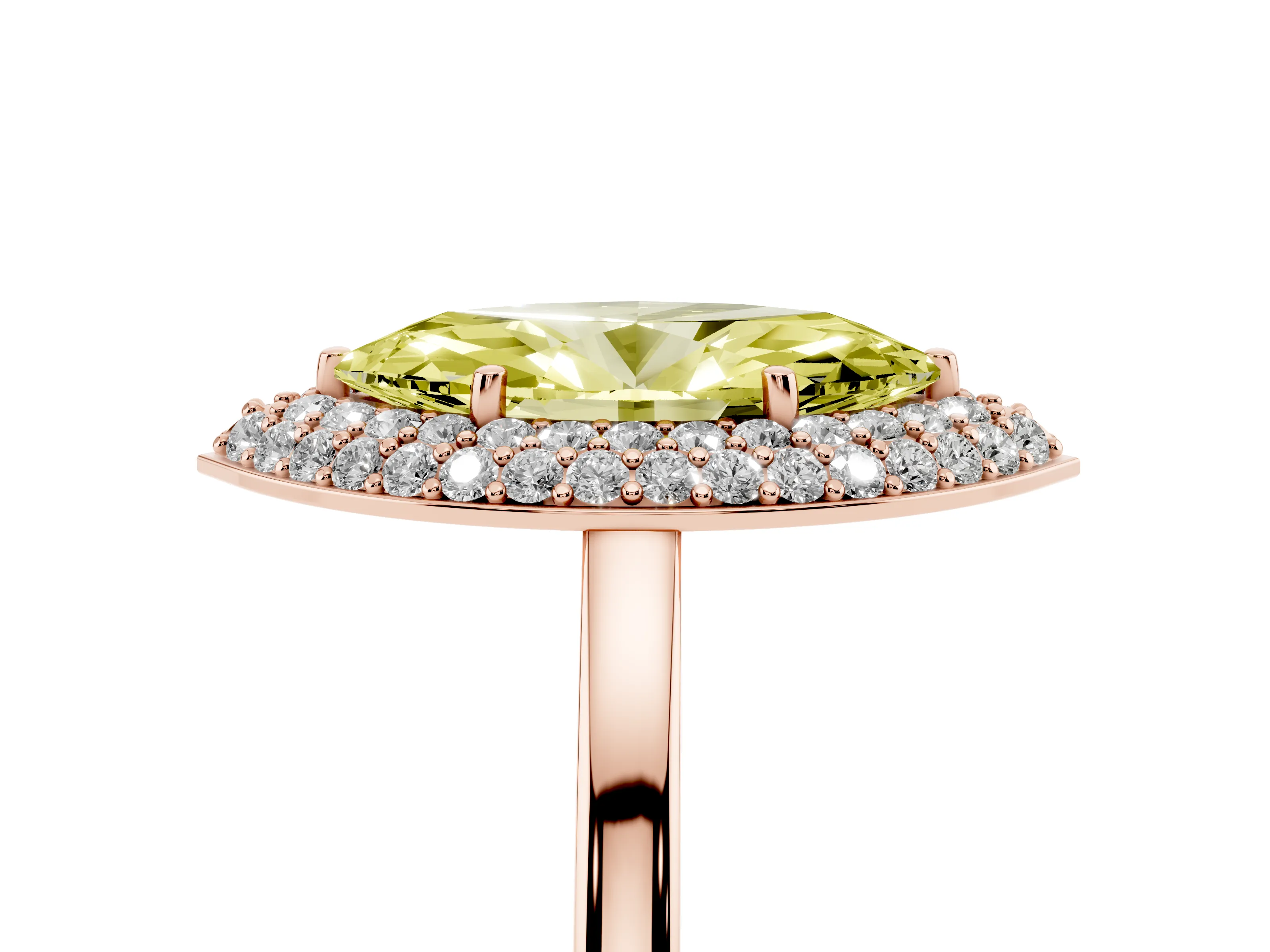 Fancy Yellow Marquise Cut Diamond Halo Engagement Ring Set in Rose gold with Solitaire Band and Prong Setting