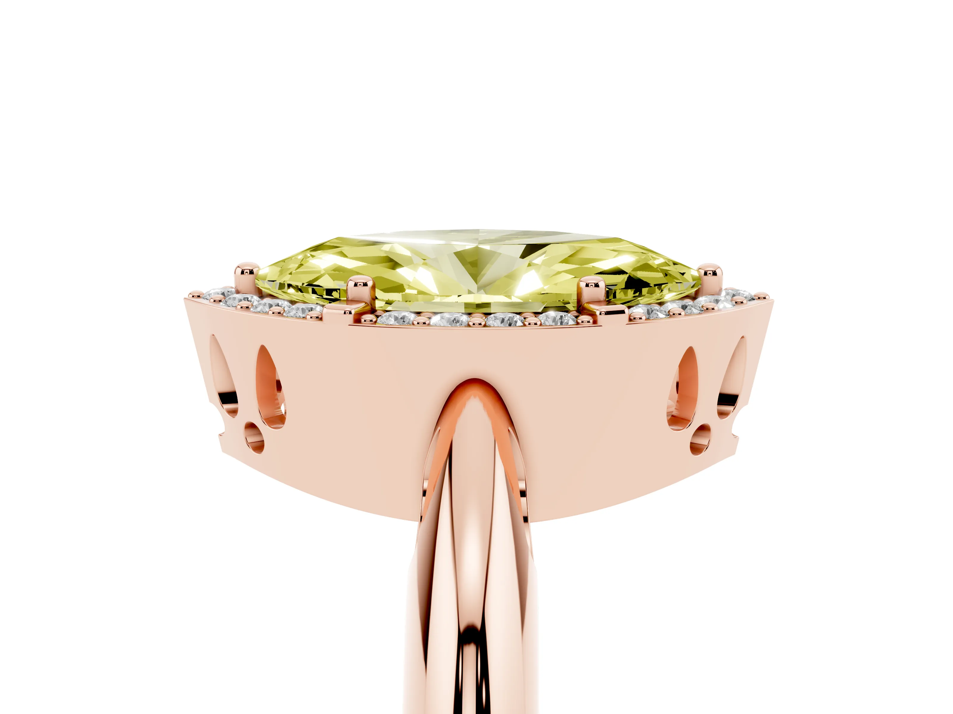 Fancy Yellow Marquise Cut Diamond Halo Engagement Ring Set in Rose gold with Plain Split Shank and Prong Setting