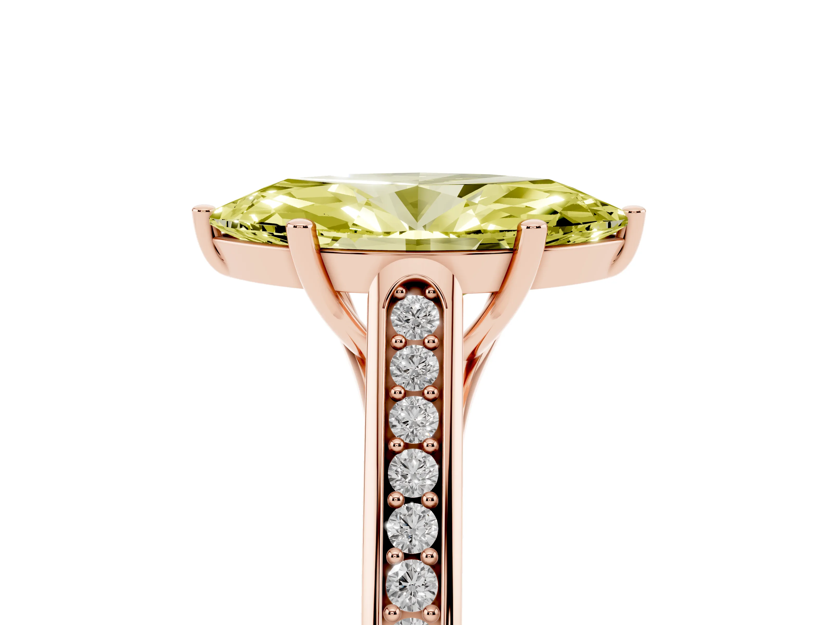 Fancy Yellow Marquise Cut Diamond Solitaire Cathedral Engagement Ring Set in Rose gold with Channel-Set Band and Prong Setting
