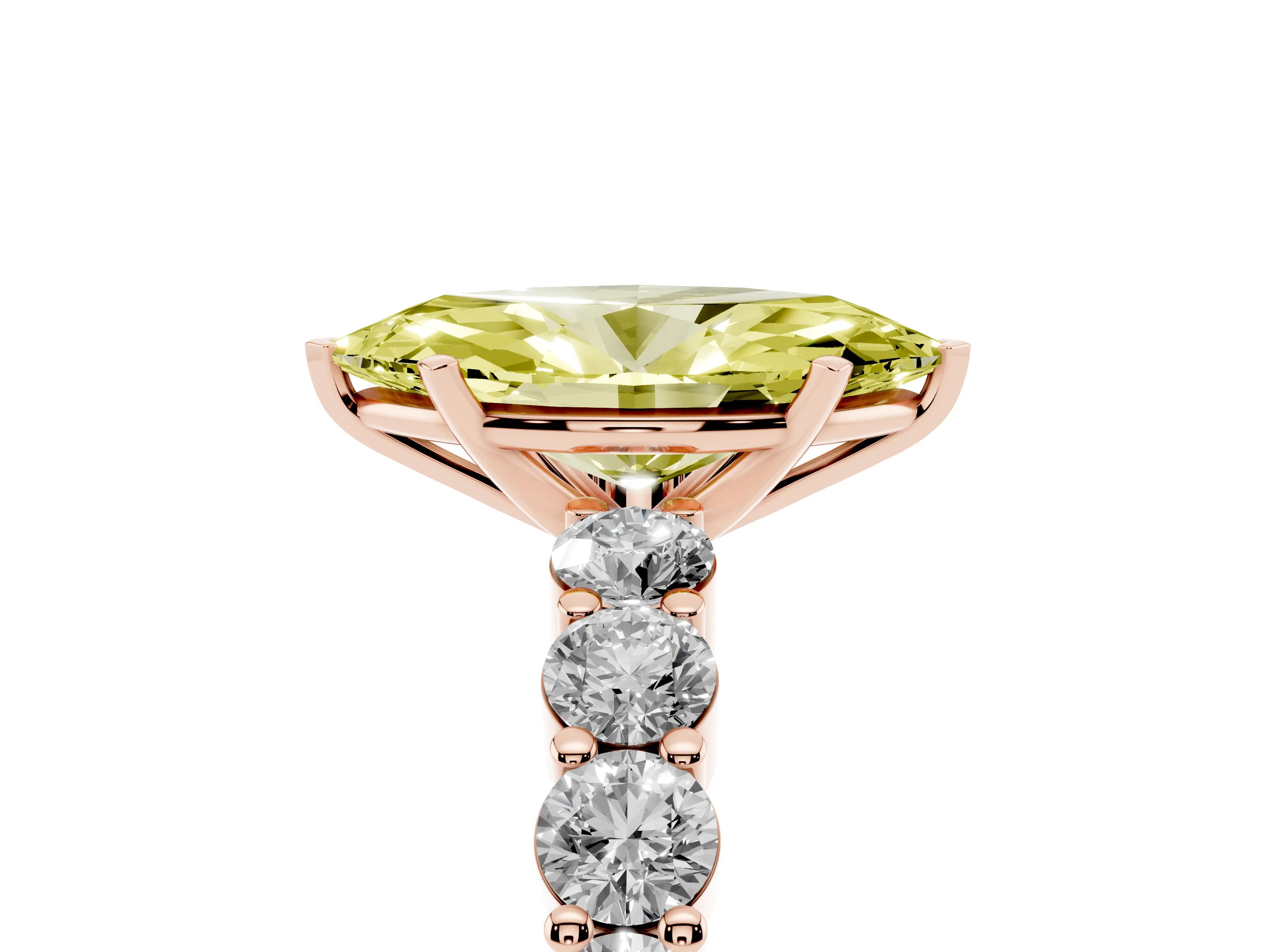 Fancy Yellow Marquise Cut Diamond Solitaire Ring Set in Rose gold with Shared Prong Round Side Stones