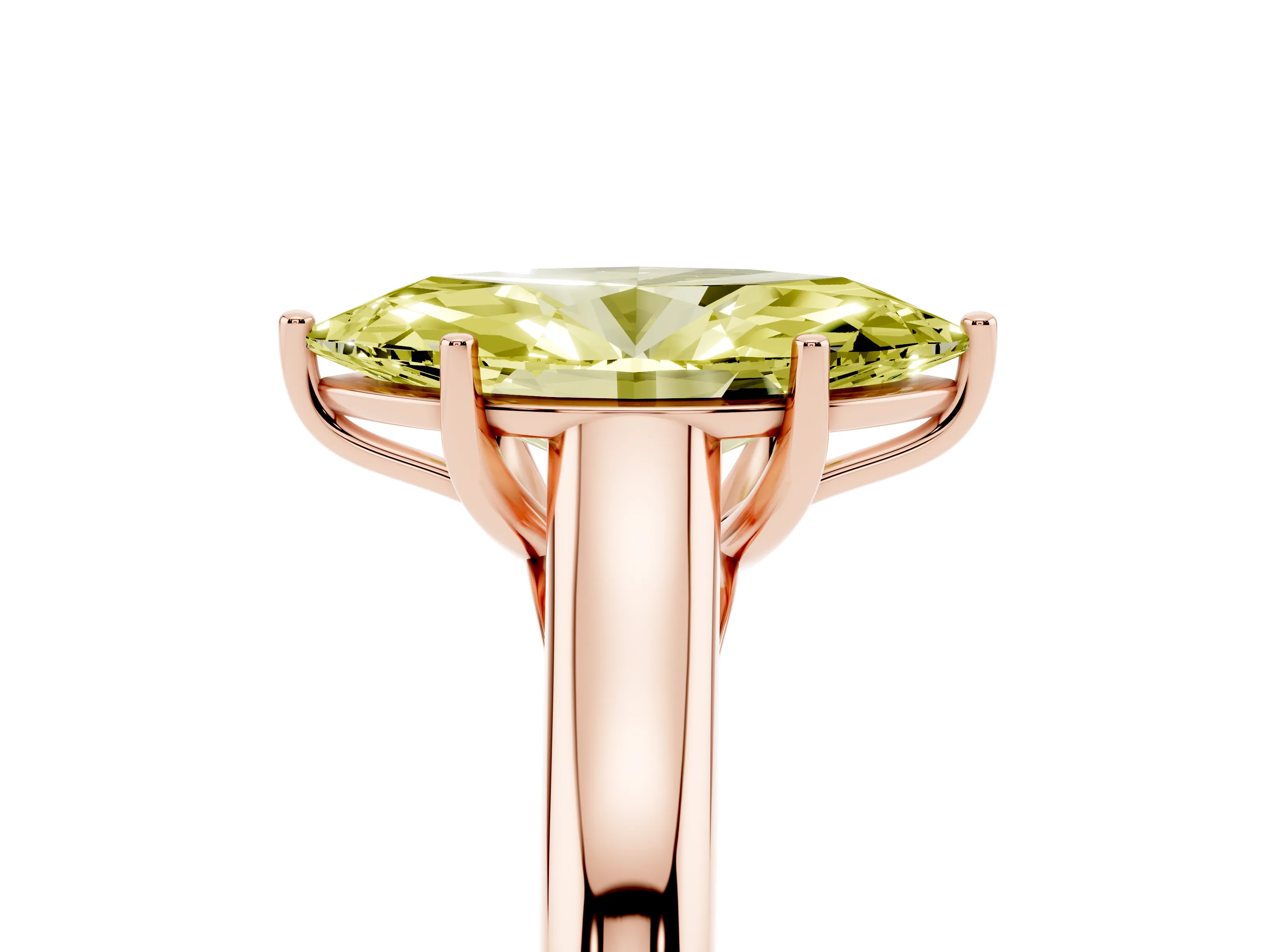 Fancy Yellow Marquise Cut Diamond Solitaire Engagement Ring Set in Rose gold with Subtly Tapered Band and Prong Setting