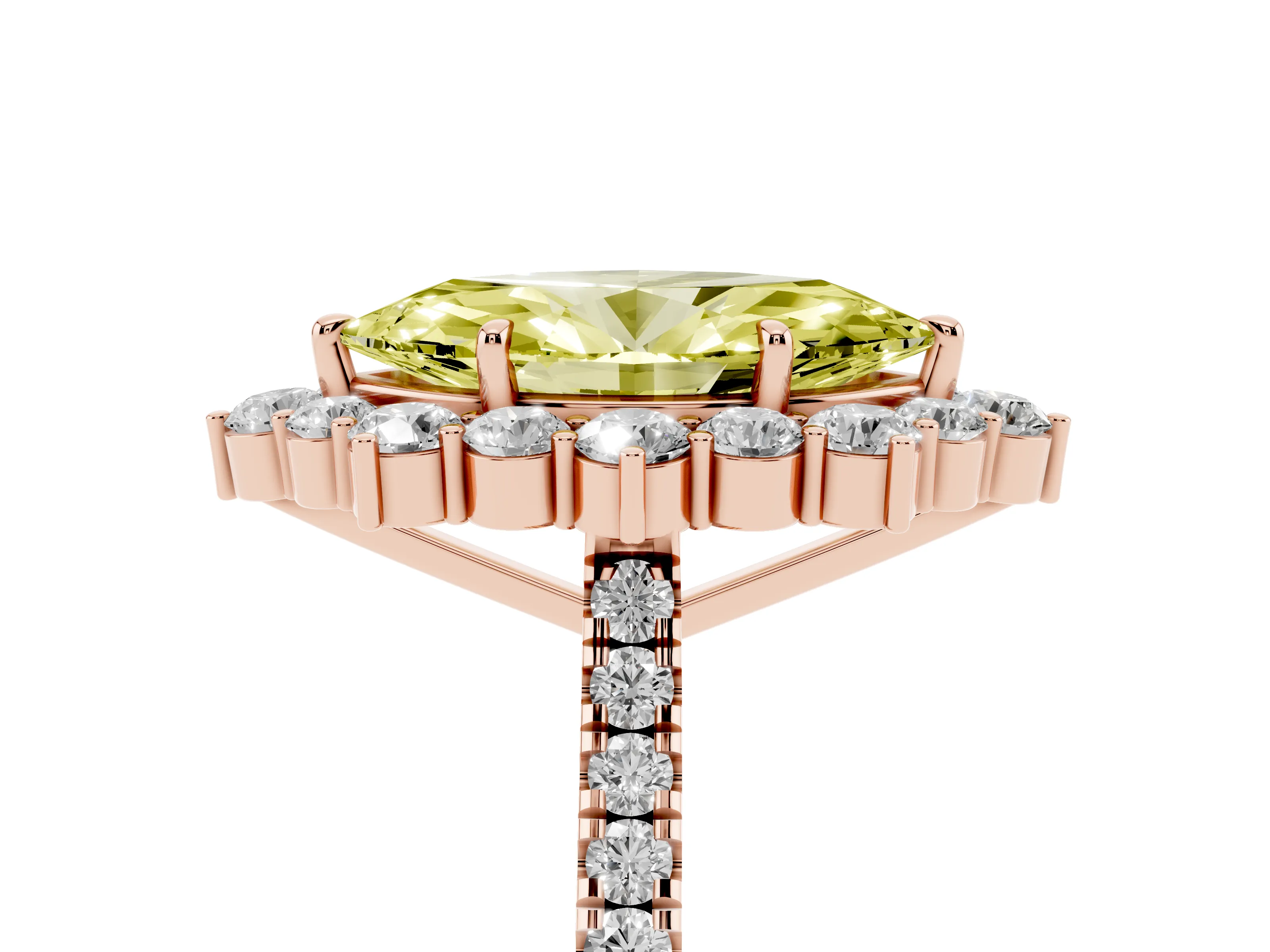 Fancy Yellow Marquise Cut Diamond Halo Ring Set in Rose gold with Pavé Band and Prong Setting