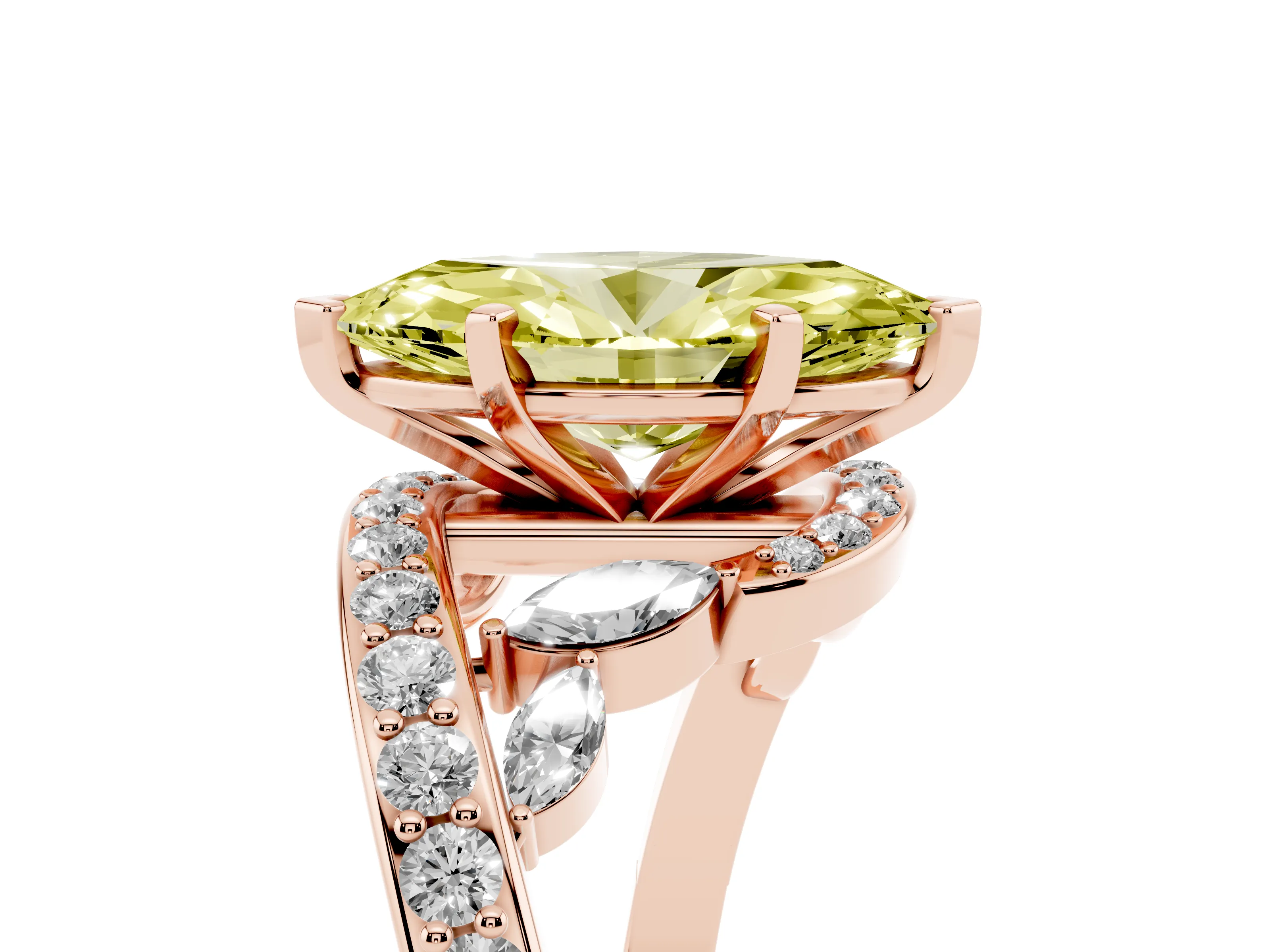 Fancy Yellow Marquise Cut Diamond Solitaire Ring Set in Rose gold with Pavé Twist Band and Secure Prong Setting
