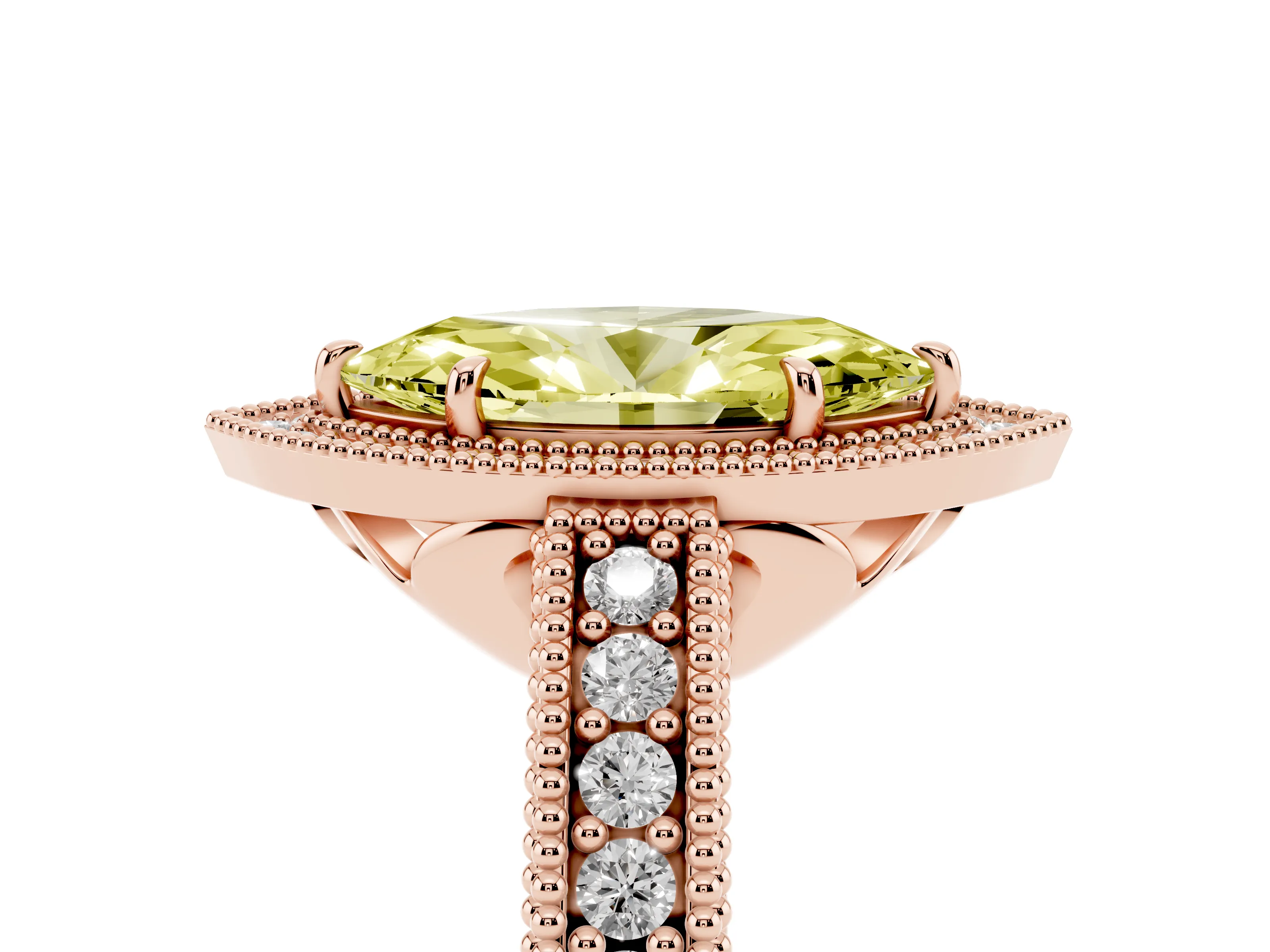 Fancy Yellow Marquise Cut Diamond Halo Ring Set in Rose gold with Round Accent Halo, Pavé Band and Prong Setting