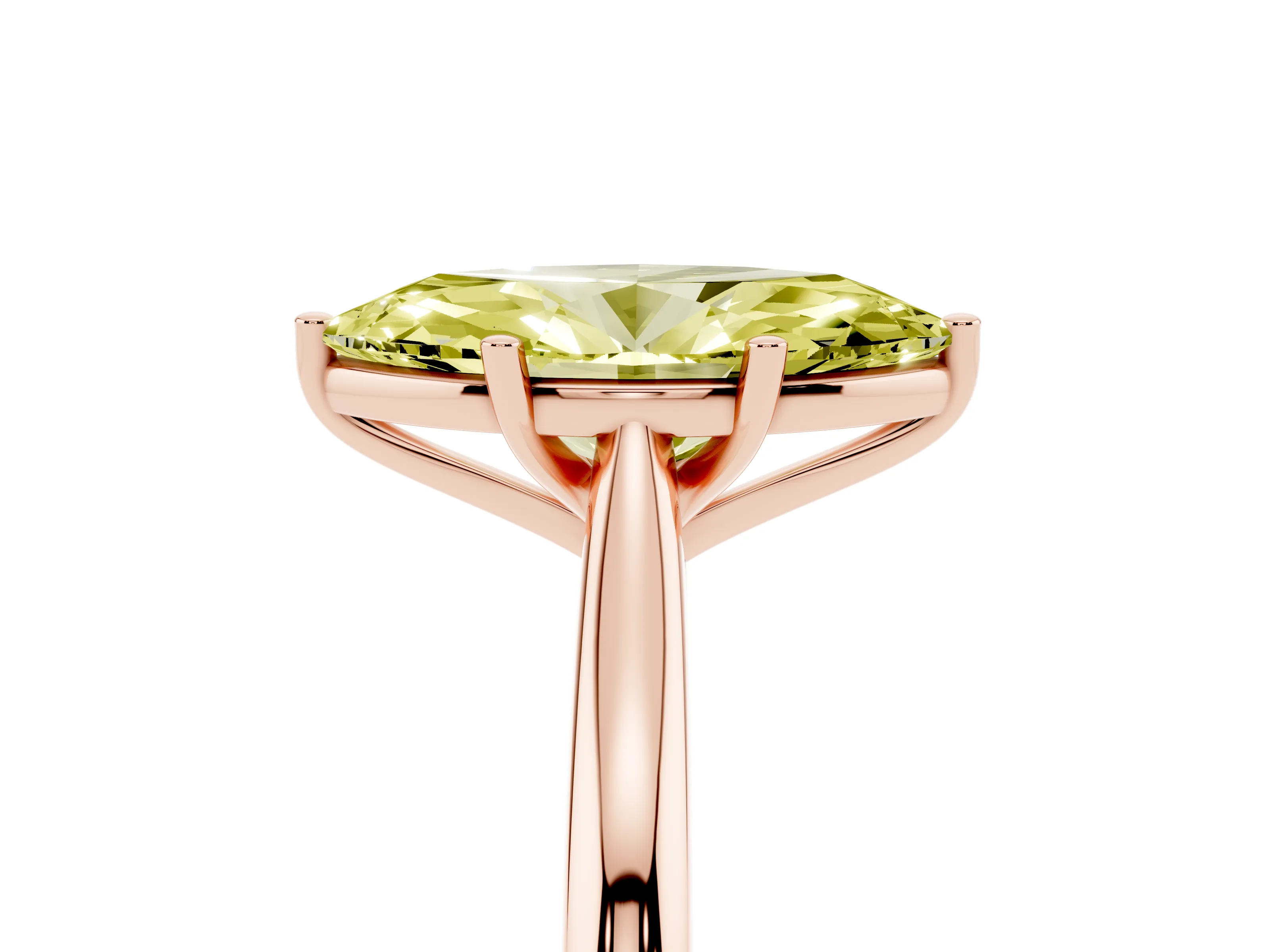 Fancy Yellow Marquise Cut Diamond Solitaire Ring Set in Rose gold with Cathedral Band and Prong Setting