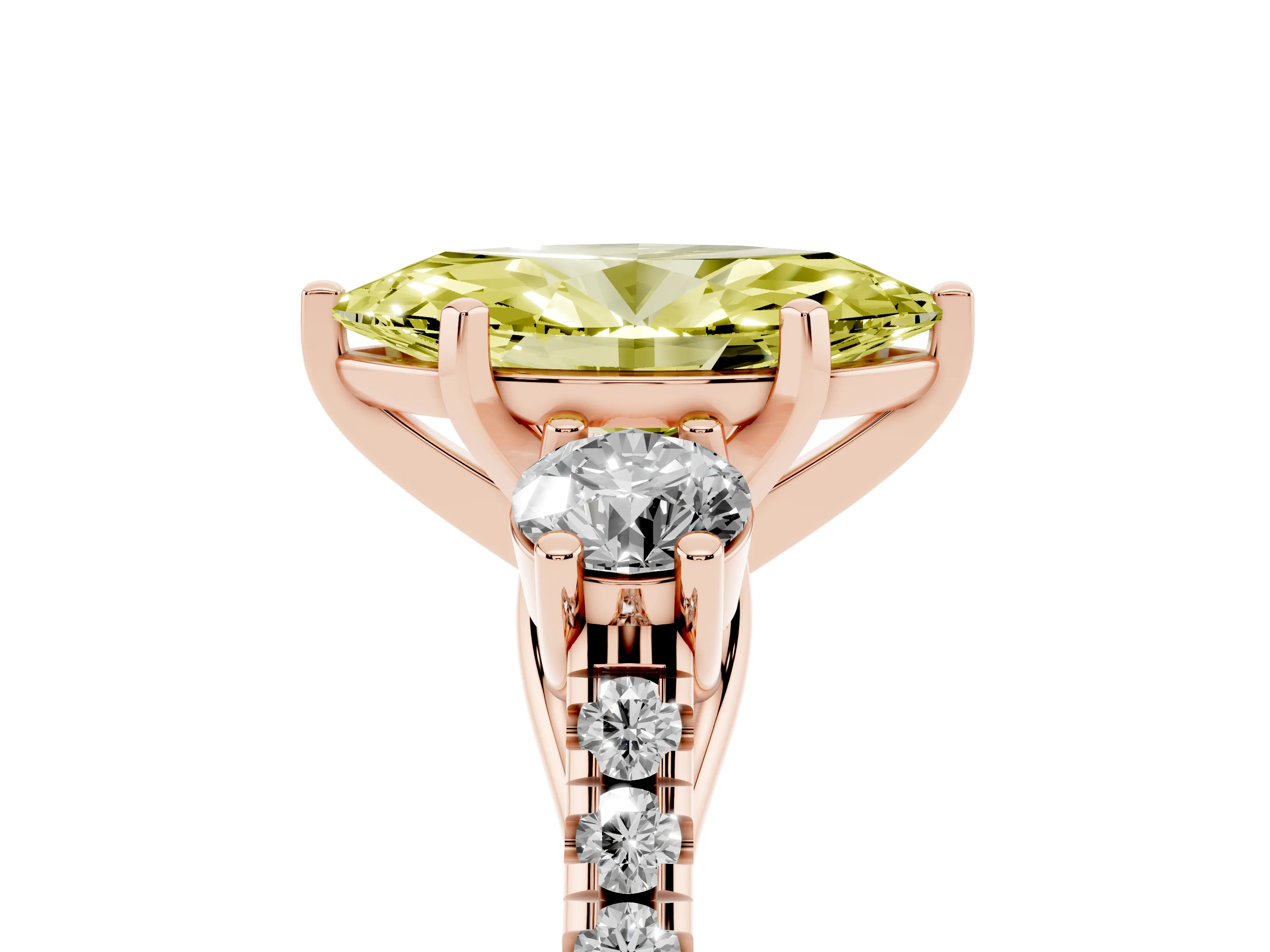 Fancy Yellow Three-Stone Marquise Cut Diamond Pavé Band Ring Set in Rose gold with Prong-Set Trio