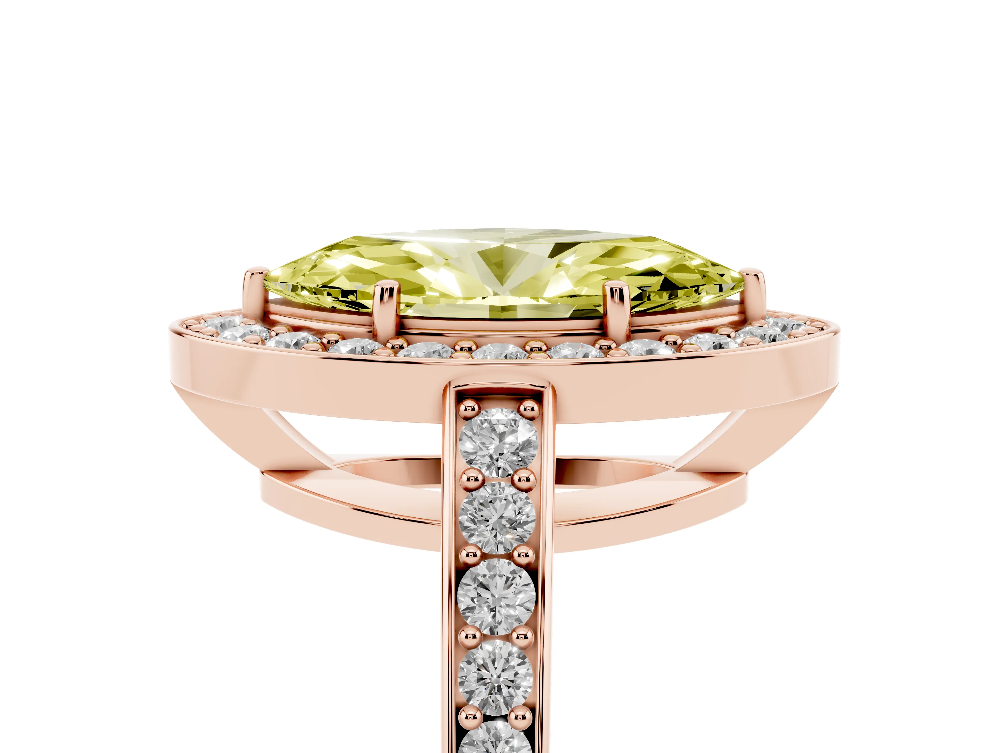 Fancy Yellow Marquise Cut Diamond Halo Pavé Engagement Ring Set in Rose gold with Bezel Setting