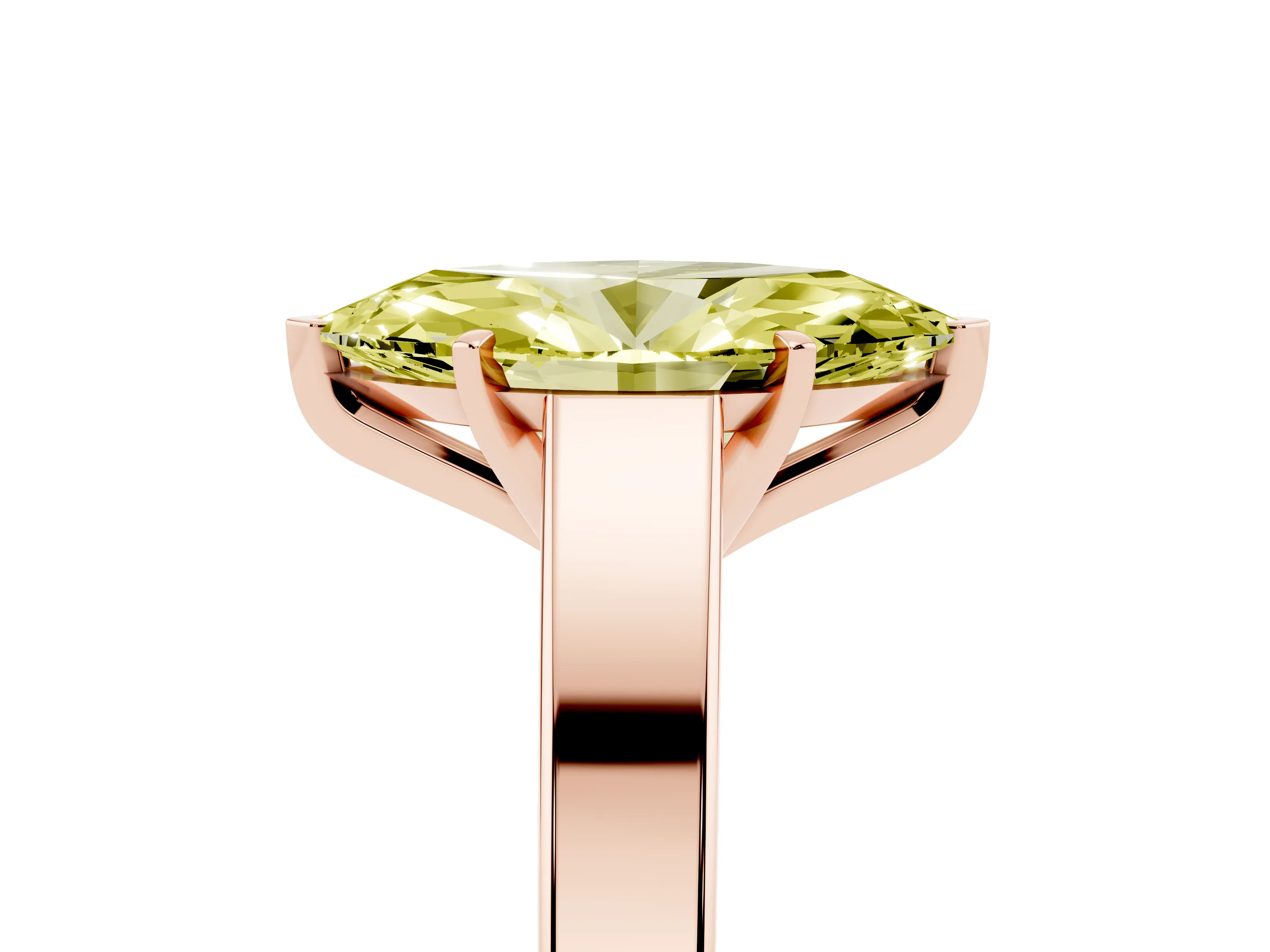 Fancy Yellow Marquise Cut Diamond Solitaire Engagement Ring Set in Rose gold with Prong Setting and Tapered Band