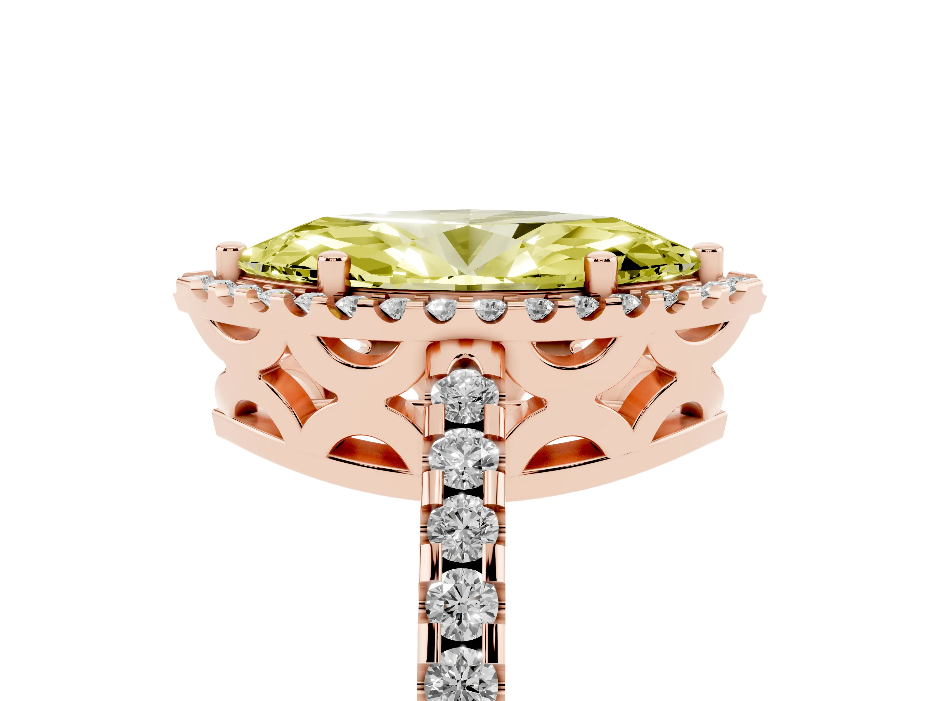 Fancy Yellow Marquise Cut Diamond Halo Ring Set in Rose gold with Pavé Shoulders and Halo-Framed Center