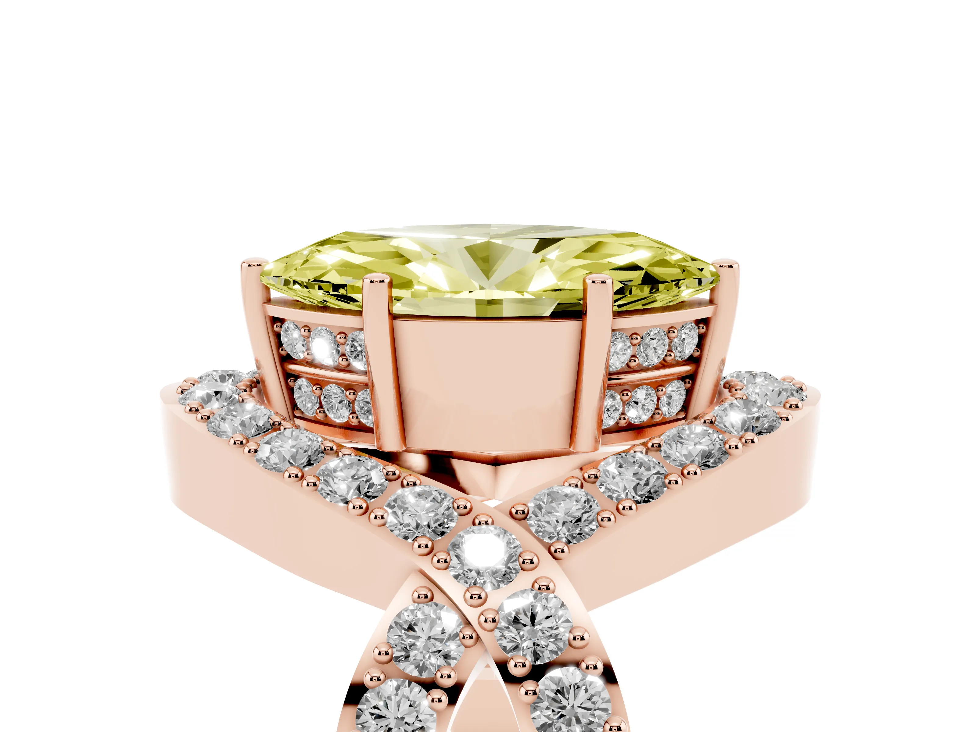 Fancy Yellow Marquise Cut Diamond Solitaire Twist Band Pavé Engagement Ring Set in Rose gold