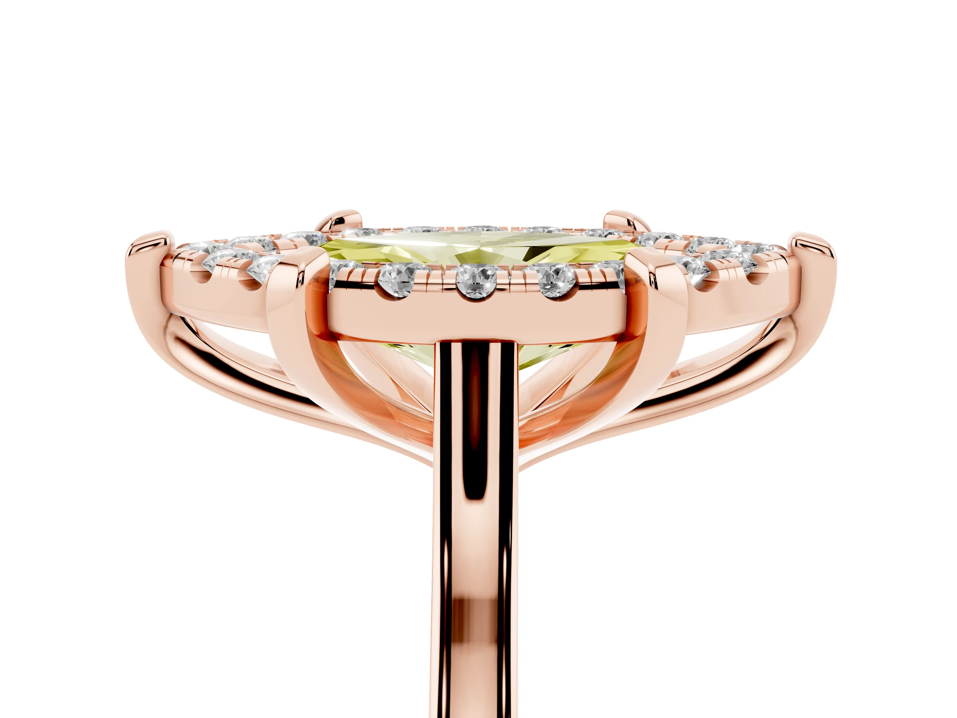 Fancy Yellow Marquise Cut Diamond Cluster Halo Solitaire Ring Set in Rose gold with Prong Setting