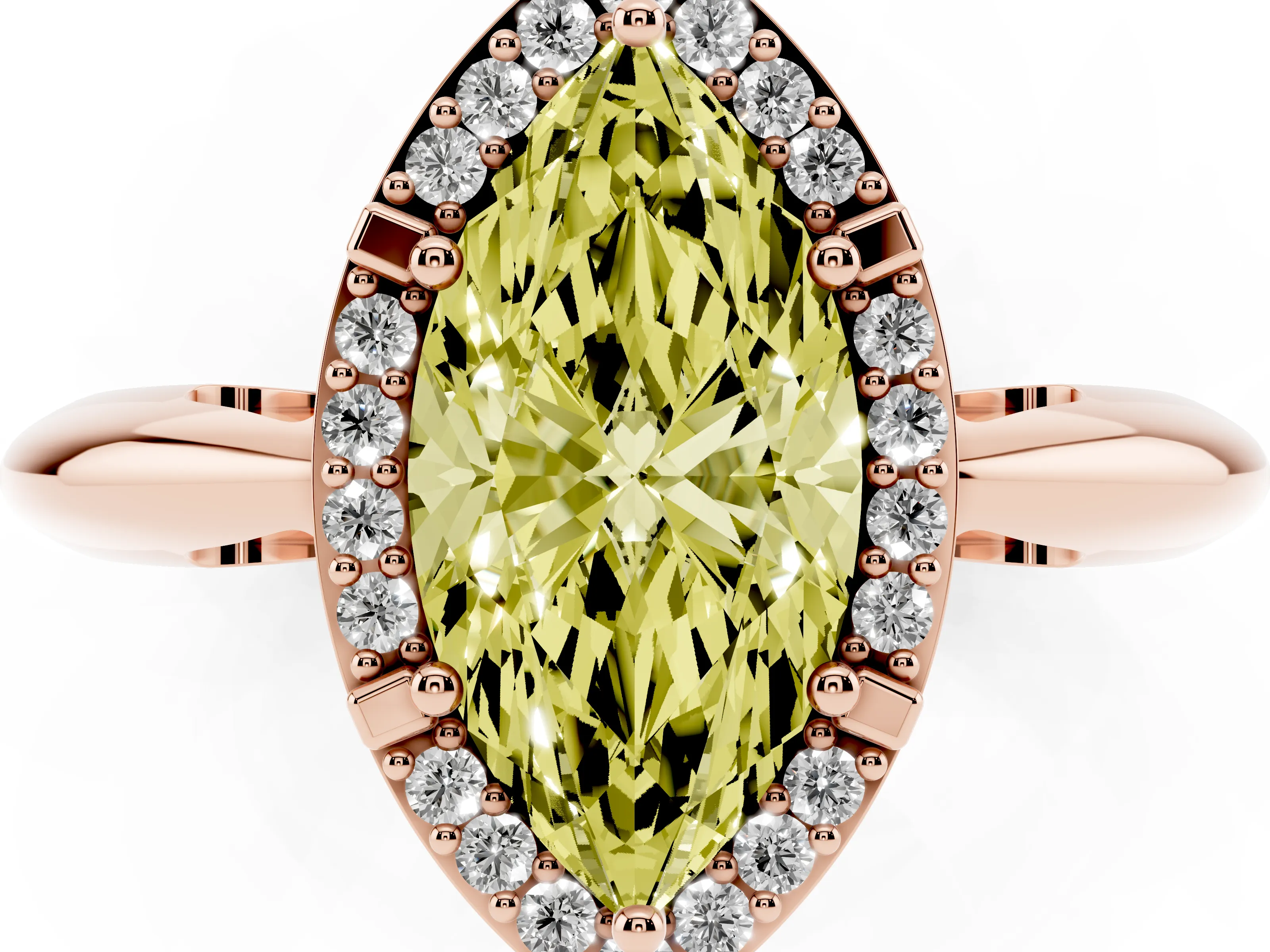 Fancy Yellow Marquise Cut Diamond Halo Engagement Ring Set in Rose gold with Plain Split Shank and Prong Setting