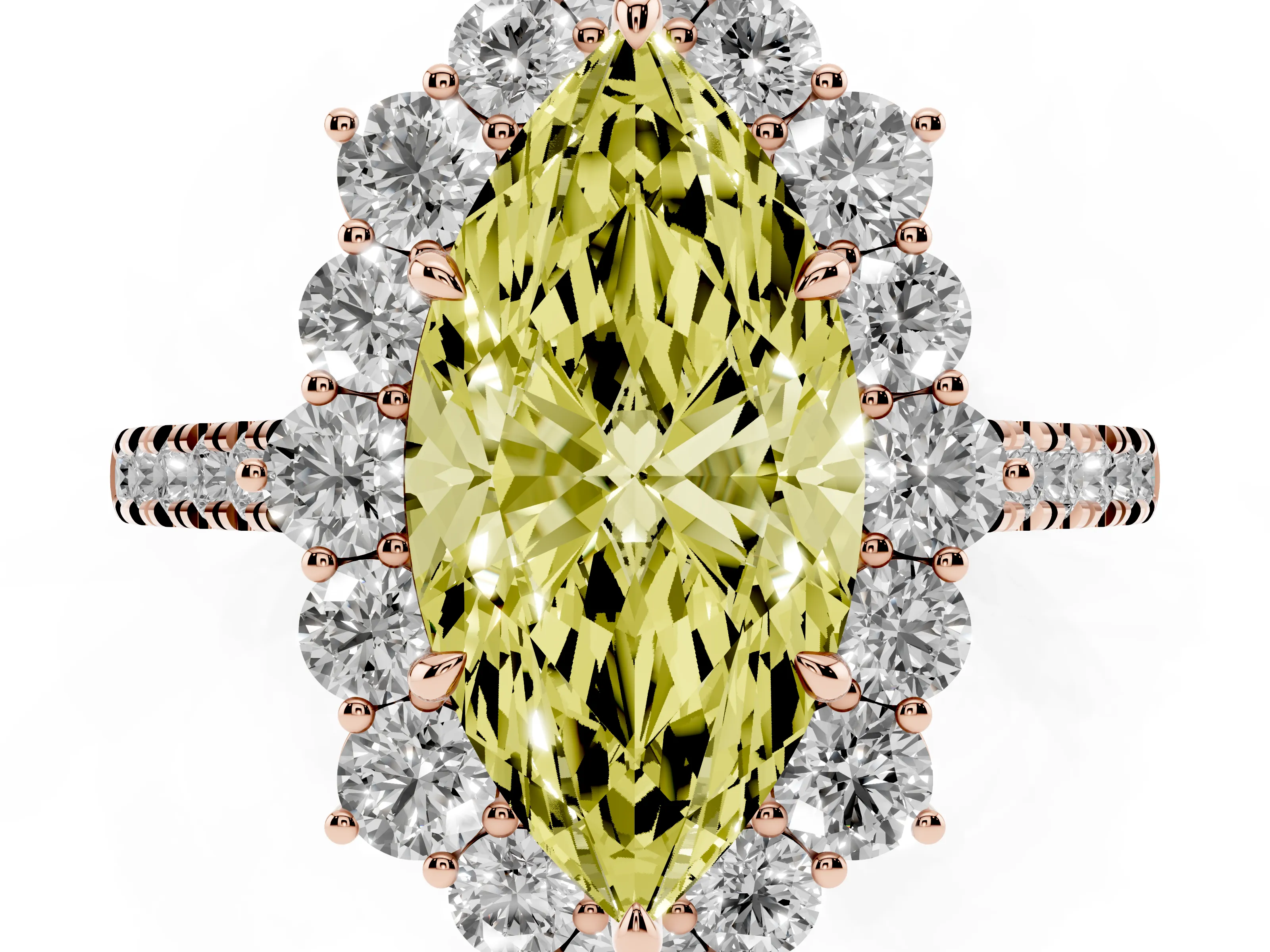 Fancy Yellow Marquise Cut Diamond Halo Ring Set in Rose gold with Pavé Band and Prong Setting