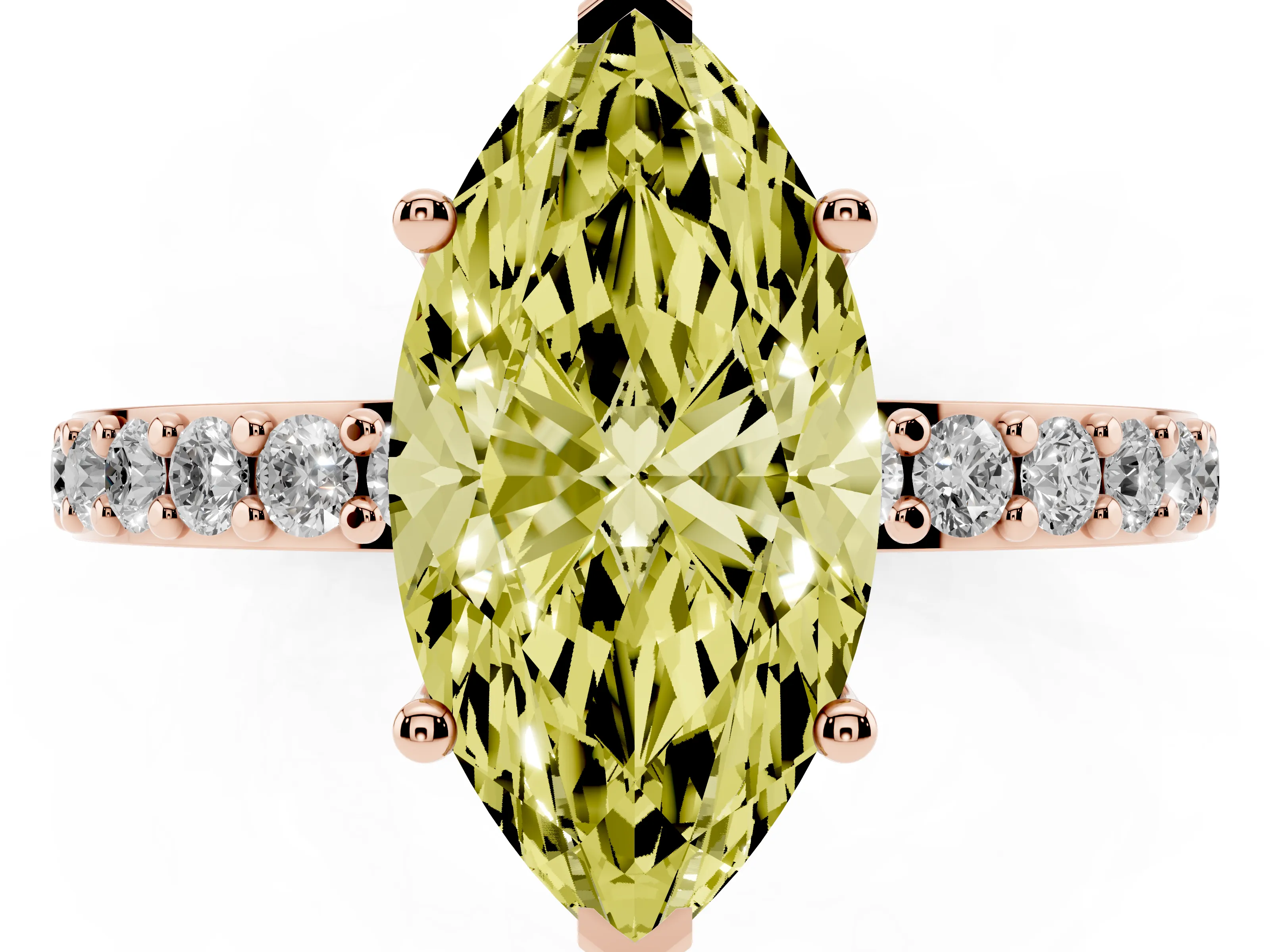 Fancy Yellow Marquise Cut Diamond Solitaire Set in Rose gold with Round Pavé Band and Prong Setting