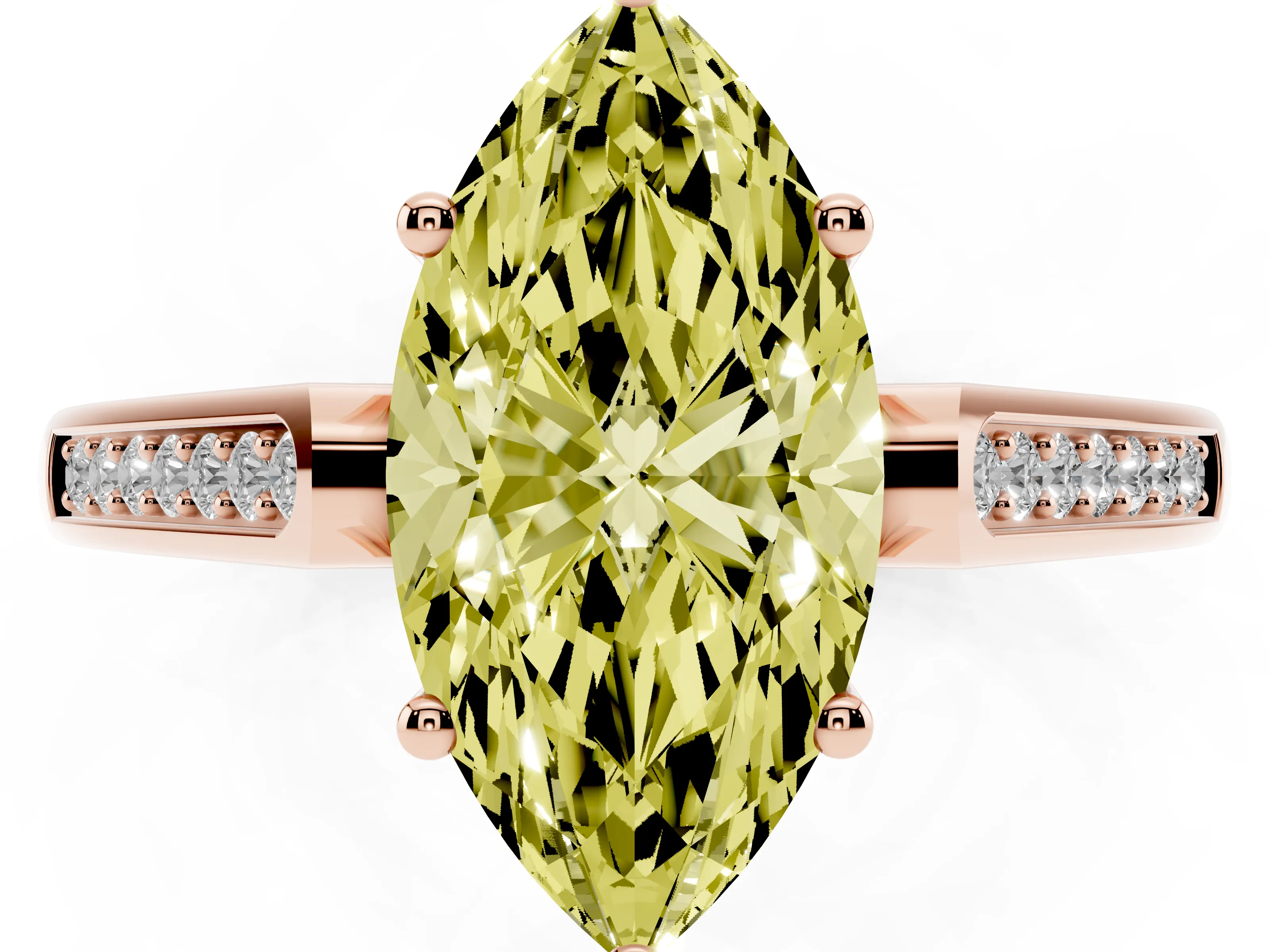 Fancy Yellow Marquise Cut Diamond Solitaire Cathedral Engagement Ring Set in Rose gold with Channel-Set Band and Prong Setting